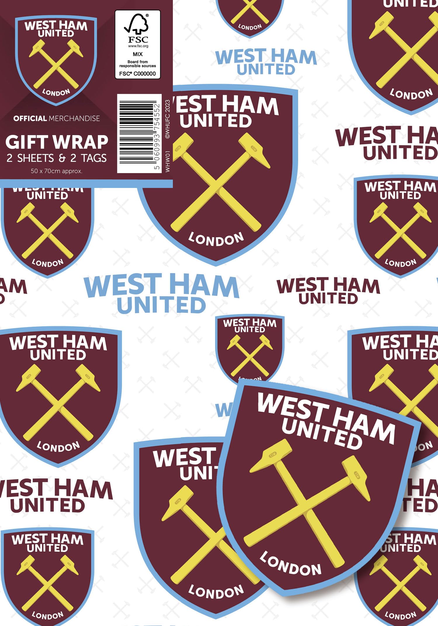Danilo Promotions LTD West Ham United Gift Wrapping Paper - 2 Sheets & 2 Tags | 70cm x 50cm