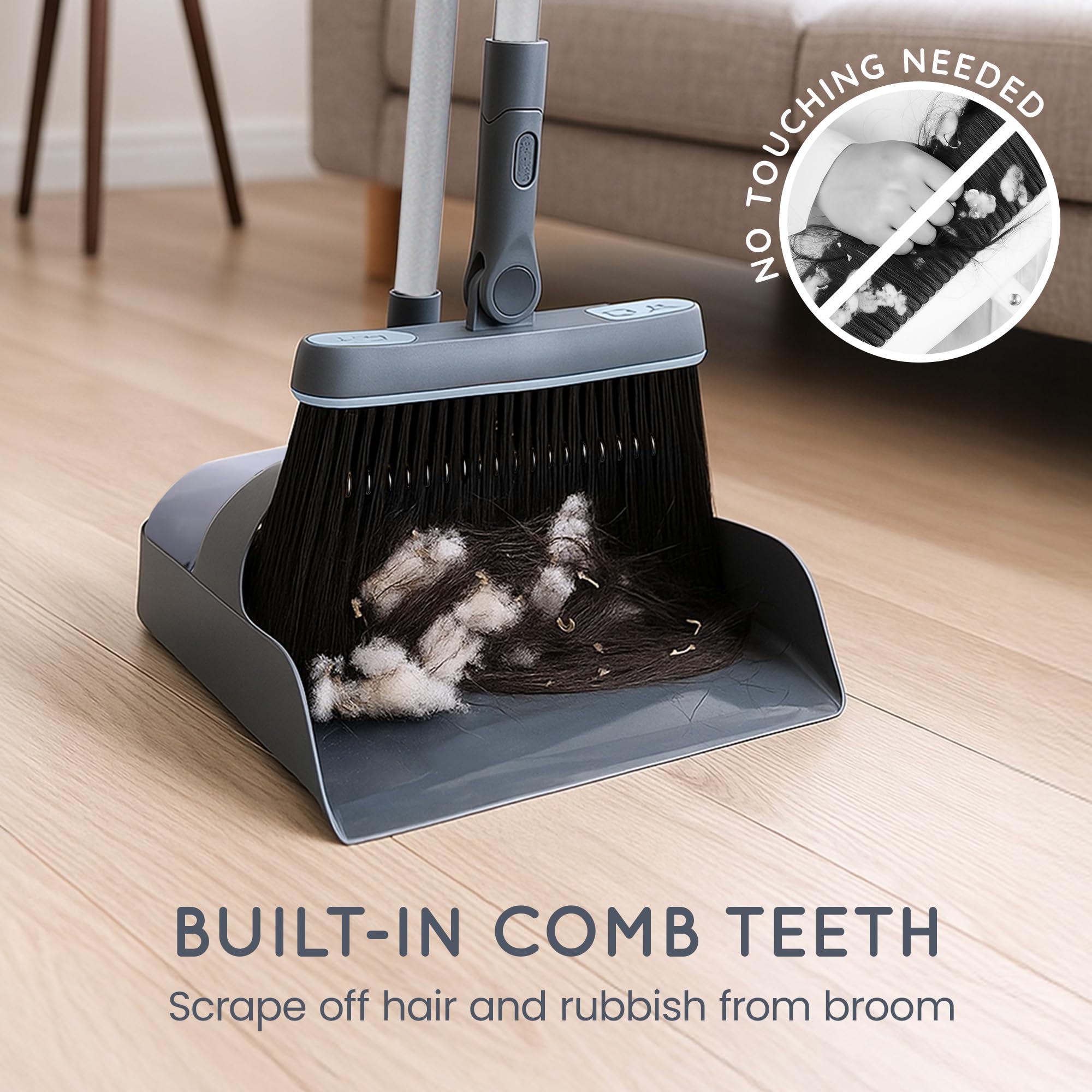 CUQOO Dustpan and Brush Set - Long Handled Upright Standing | Nylon Bristles | Black 4