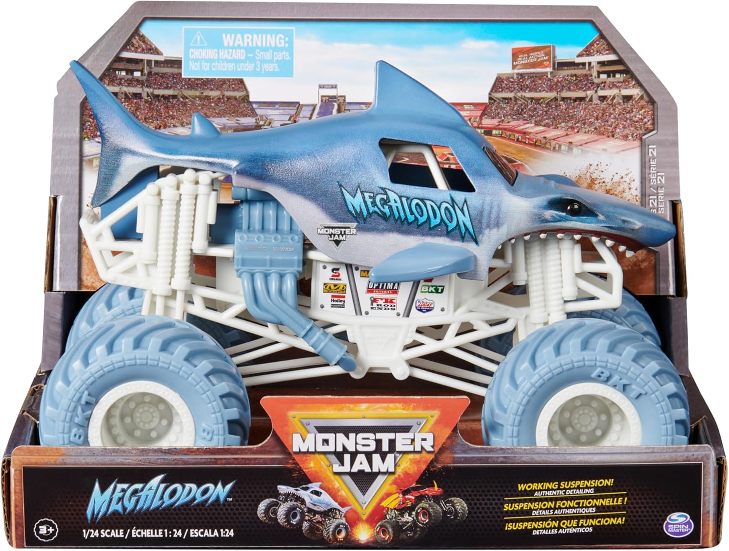 Monster Jam Megalodon-Truck aus Druckguss im Maßstab 1:24 – Offizielle BKT-Reifen und funktionierende Federung