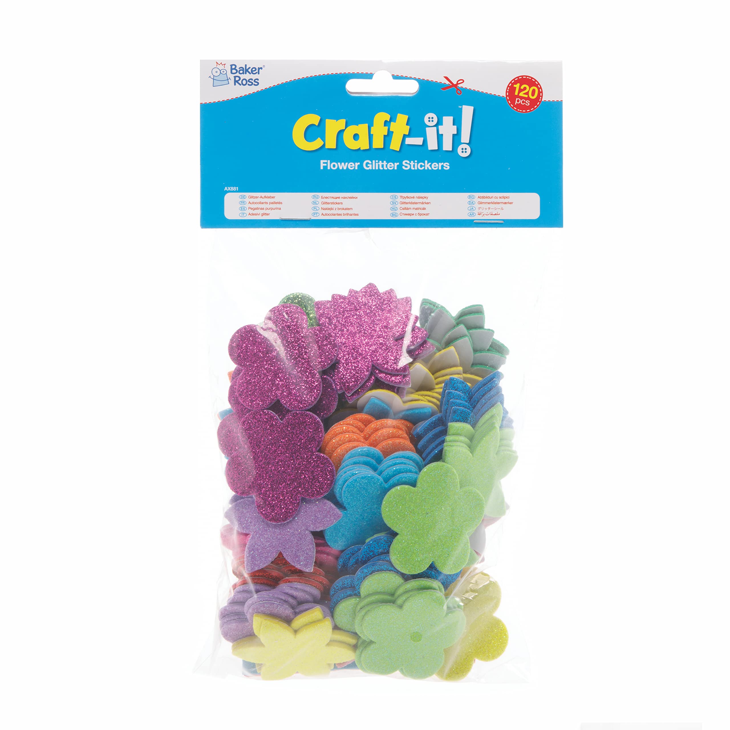 Baker Ross Flower Glitter Stickers - Pack of 120, Assorted Designs, 40mm | Easter Crafts 3
