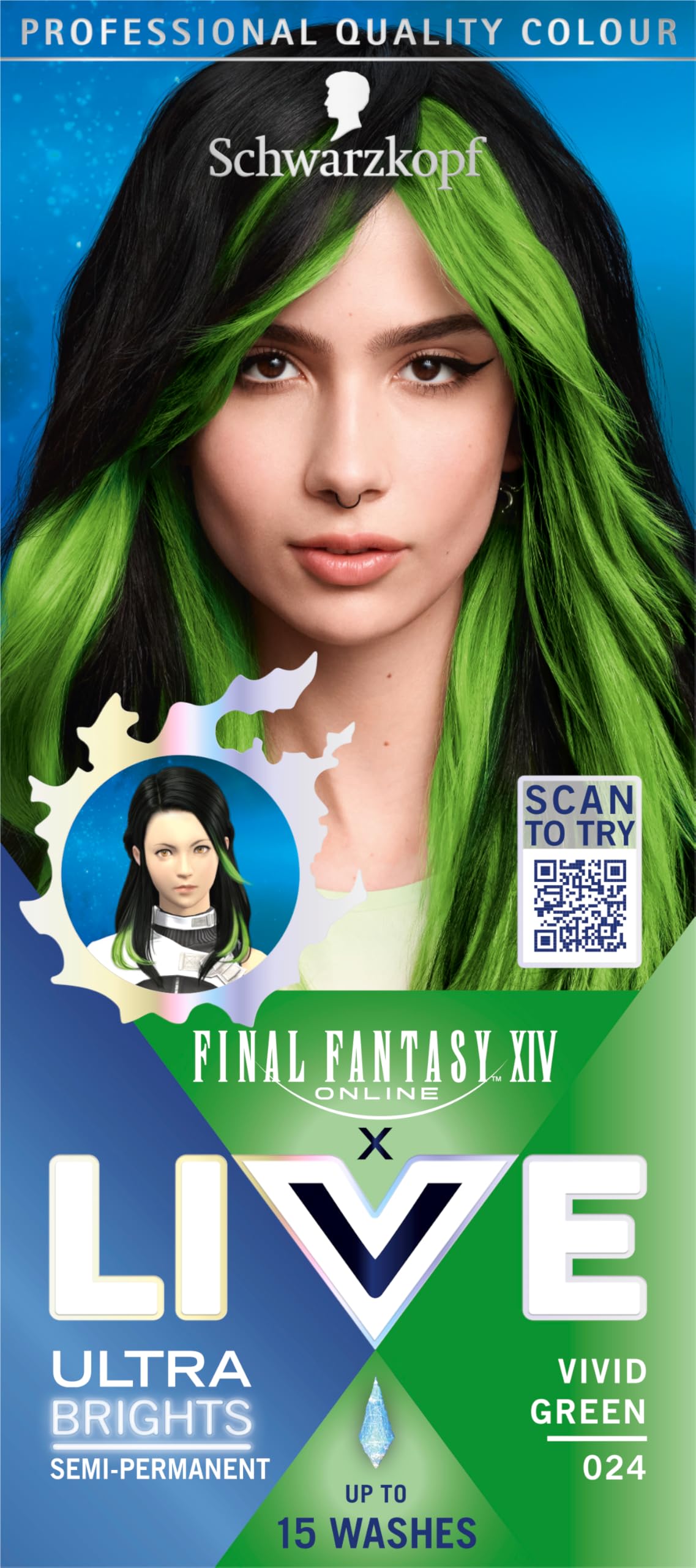 Schwarzkopf LIVE Ultra Brights or Pastels Vivid Green 024 - Semi-Permanent Hair Dye with Conditioner (50ml) 1