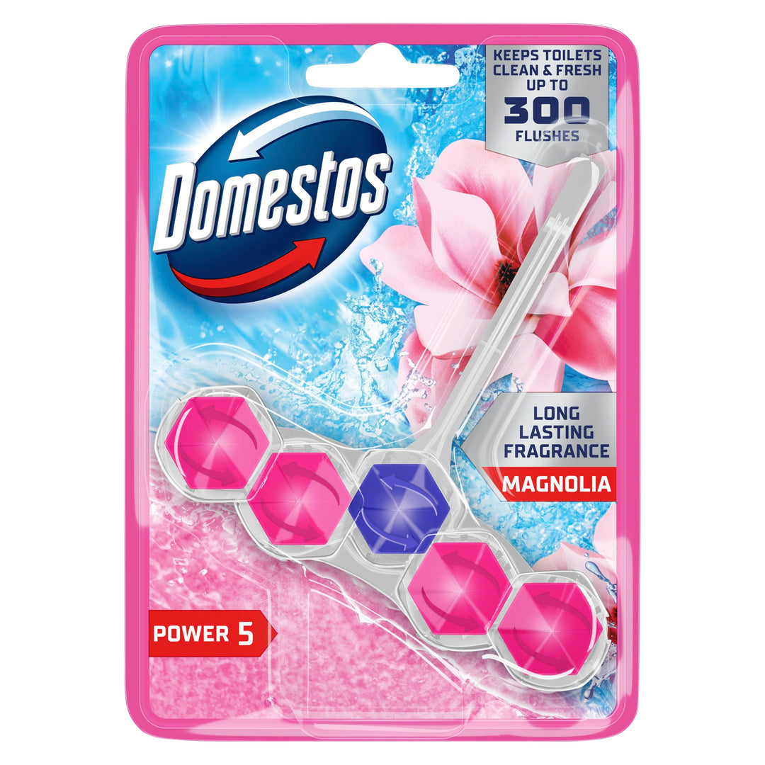 Domestos Power 5 Magnolia Toilet Rim Block - Long-Lasting Toilet Freshener for Up to 300 Flushes