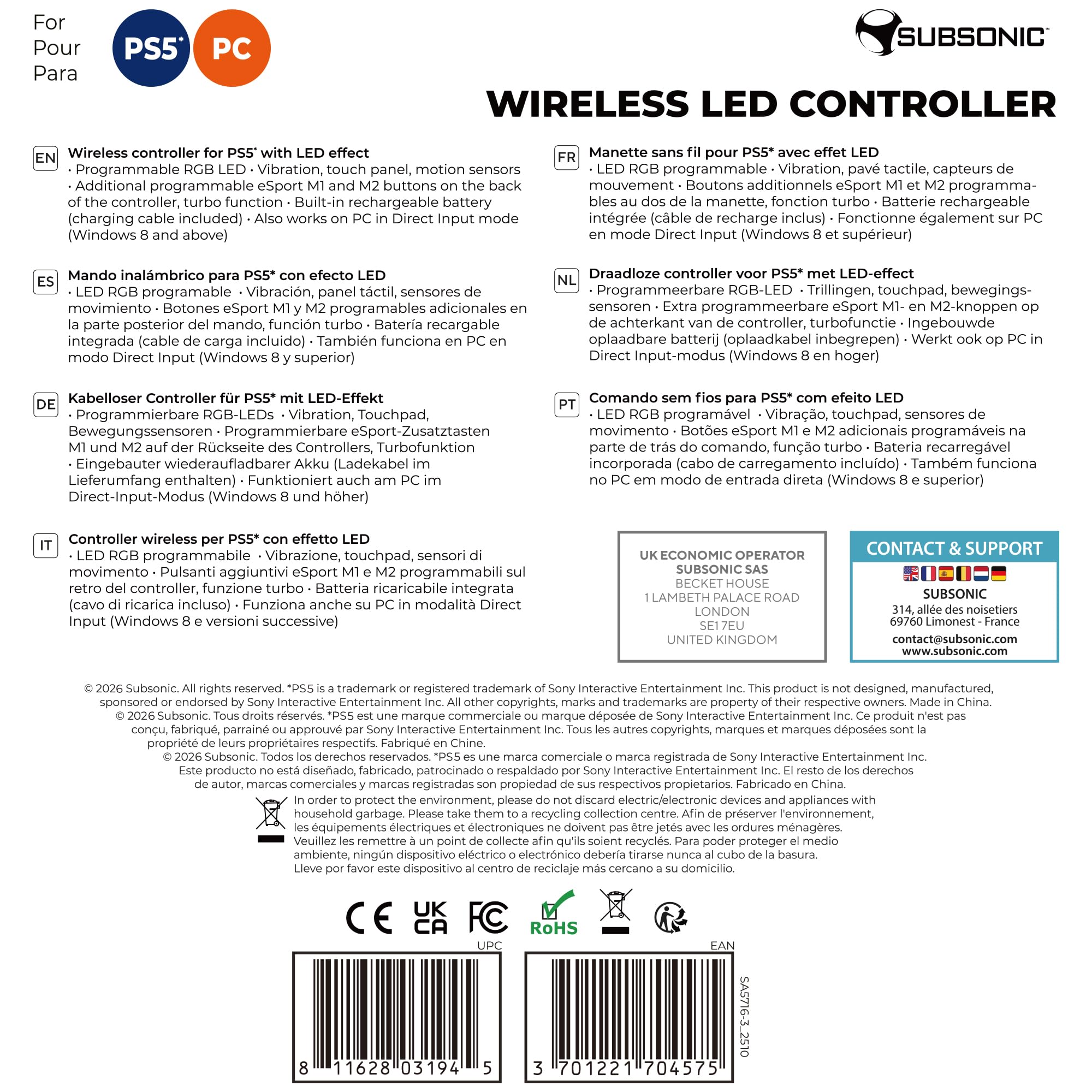 Subsonic – Wireless PS5 Controller with Programmable Paddles, RGB LEDs & Turbo Function 8