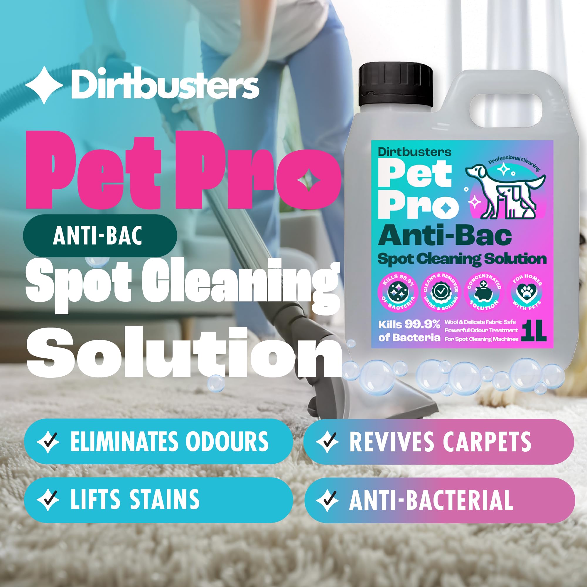 Dirtbusters Anti-Bac Spot Cleaning Solution - Kills 99.99% Bacteria | 1L Liquid Concentrate 2