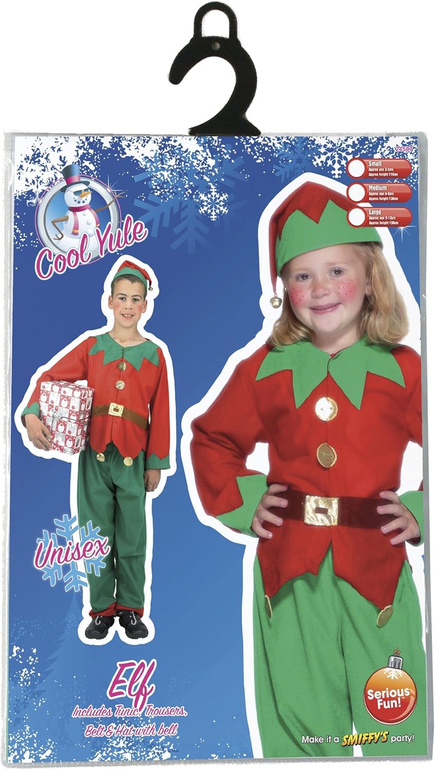 Smiffys Elf Costume - Children's Red & Green Tunic, Trousers & Hat (Ages 4-6) 7