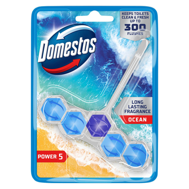Domestos Power 5 Ocean Toilet Rim Block - Long-Lasting Toilet Freshener for Up to 300 Flushes