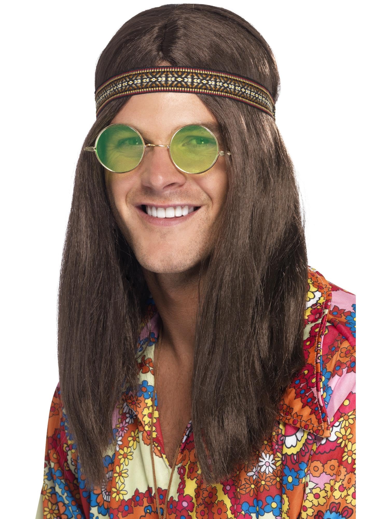 Smiffys Mens Hippie Kit Brown with Headband Specs and Necklace 1960s Groovy Fancy Dress Accessory Set 3