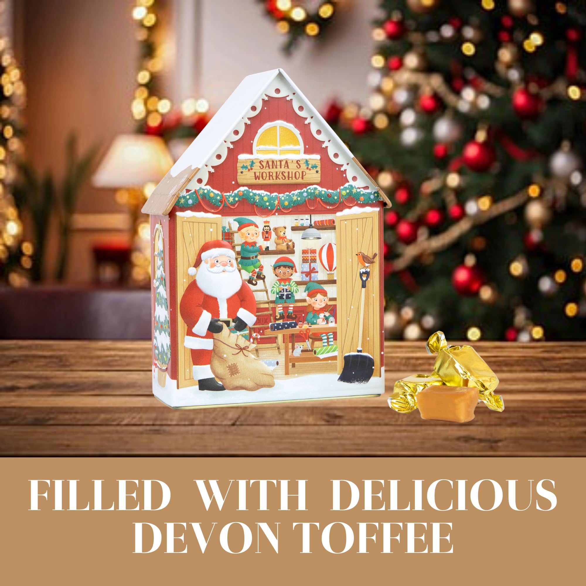 The Silver Crane Co. Santa's Workshop Musical Tin - Devon Toffee Filled Christmas Gift 10