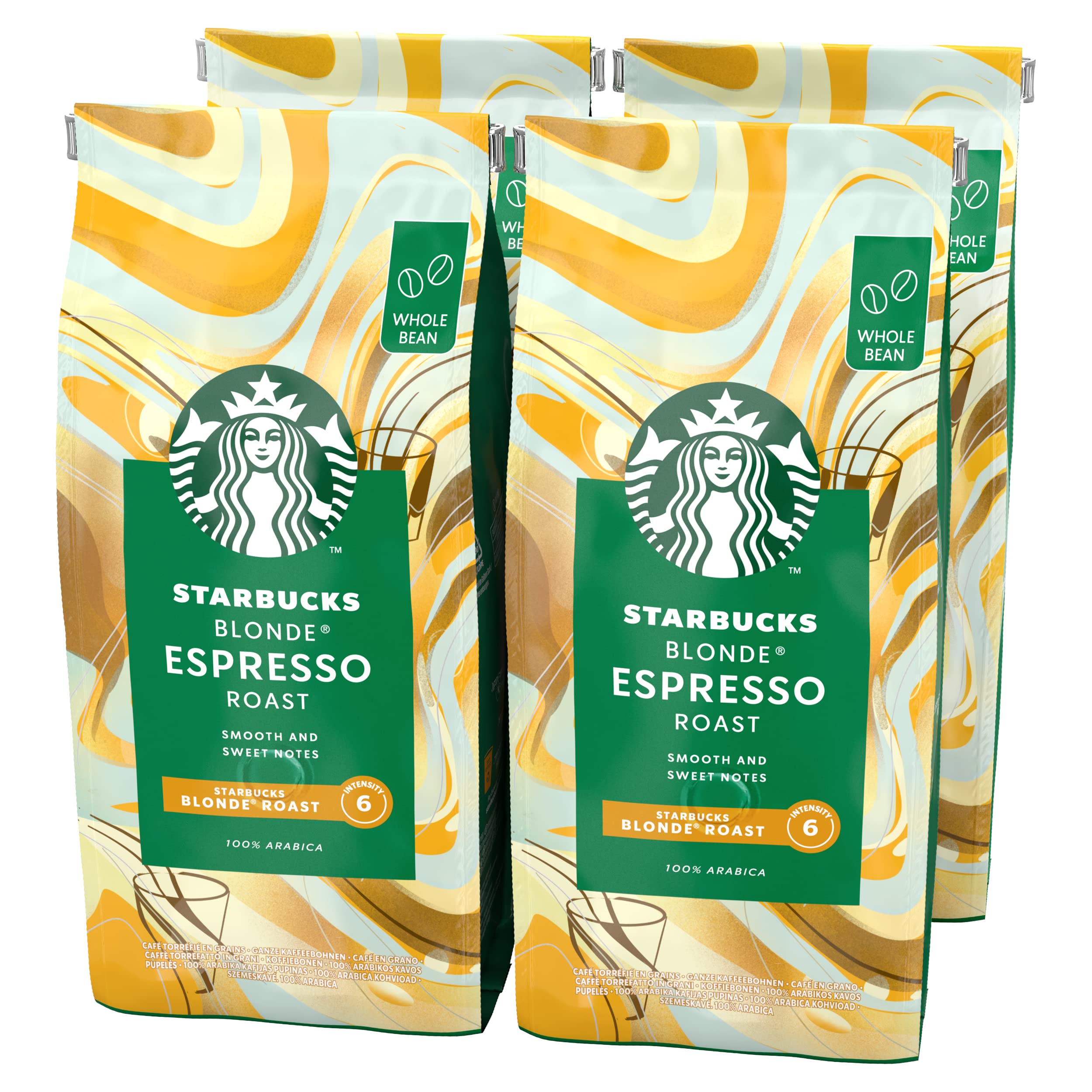 STARBUCKS Blonde Espresso Roast Whole Bean Coffee - Light Roast, Smooth & Sweet Notes | 4 x 450g Pack 1