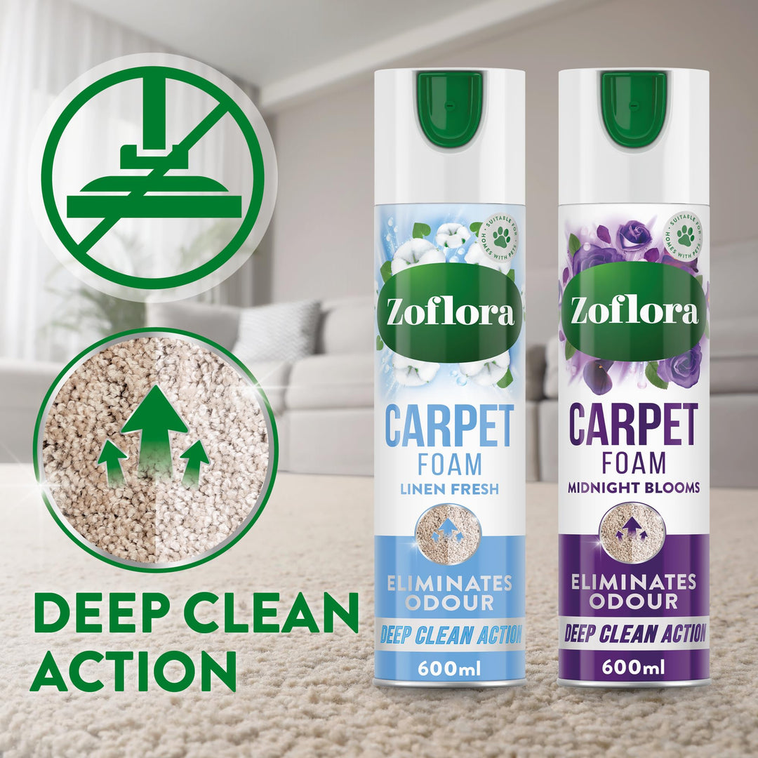 Zoflora Midnight Blooms Carpet Fresh & Care Foam, 600ml – Deep Clean Stain Remover & Odour Neutraliser for Carpets and Upholstery