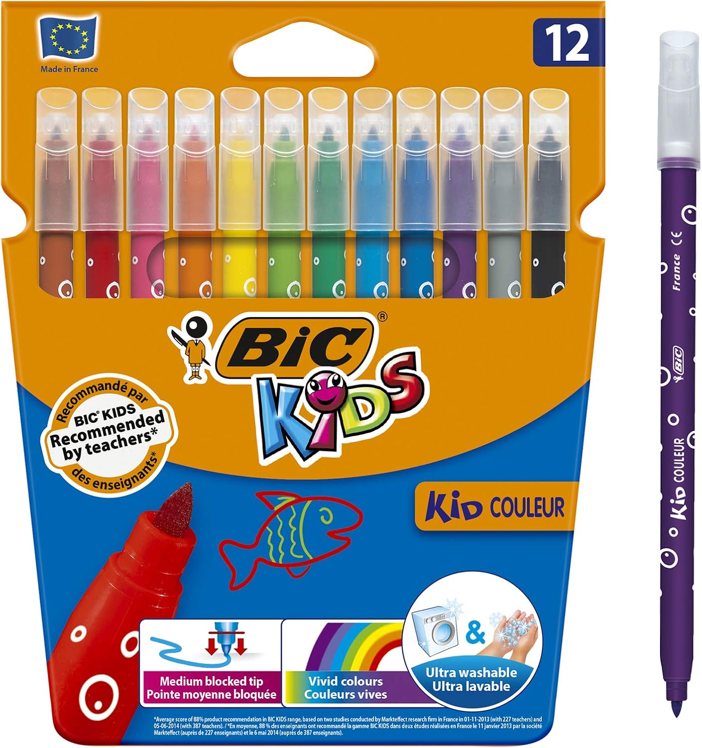 BIC Kids Kid Couleur Felt Tip Pens - Assorted Colors Medium Point Washable Markers for Kids, Pack of 12 1