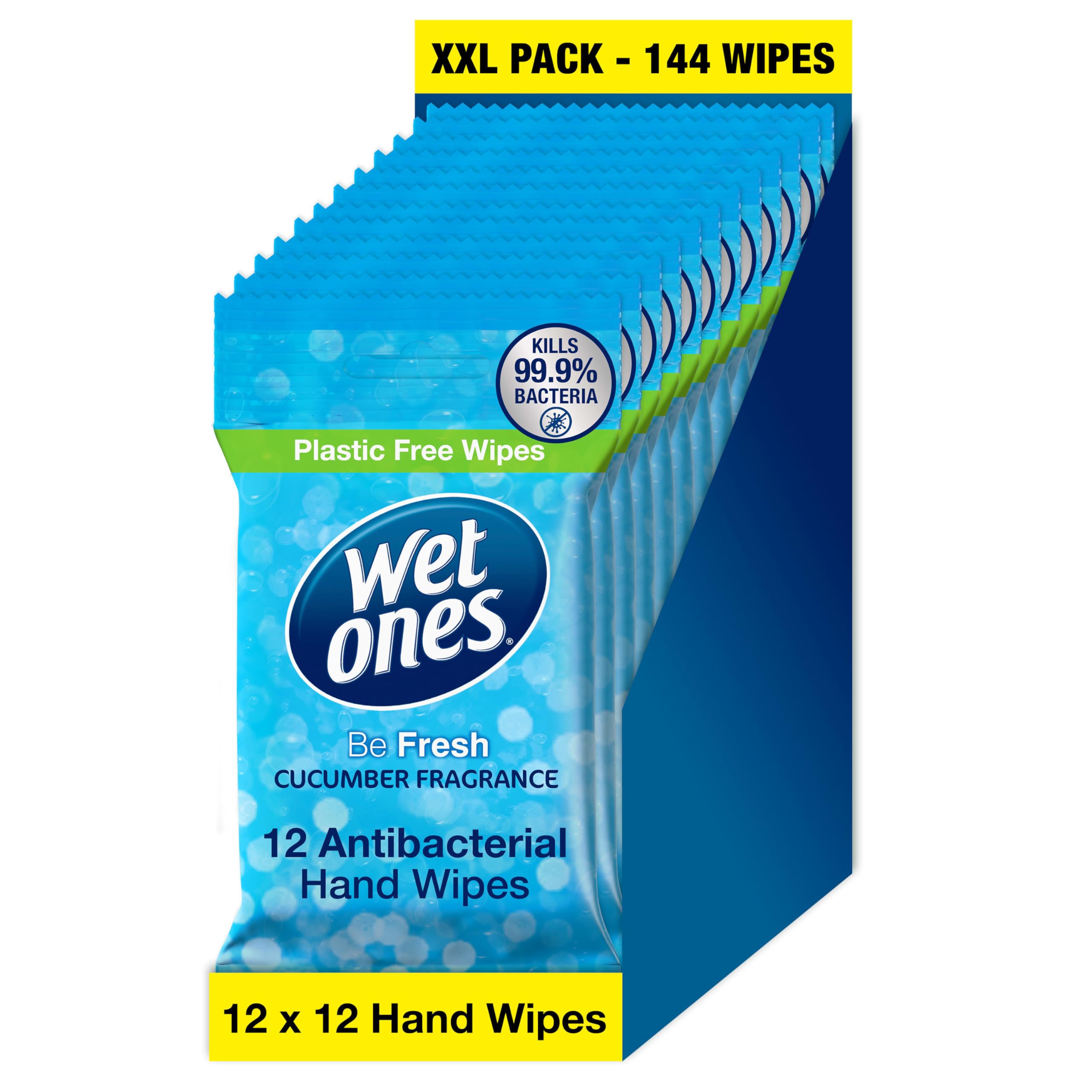 Wet Ones Plastic-Free Antibacterial Pocket Size Hand Wipes - Cucumber Scent | 12 Count Pack