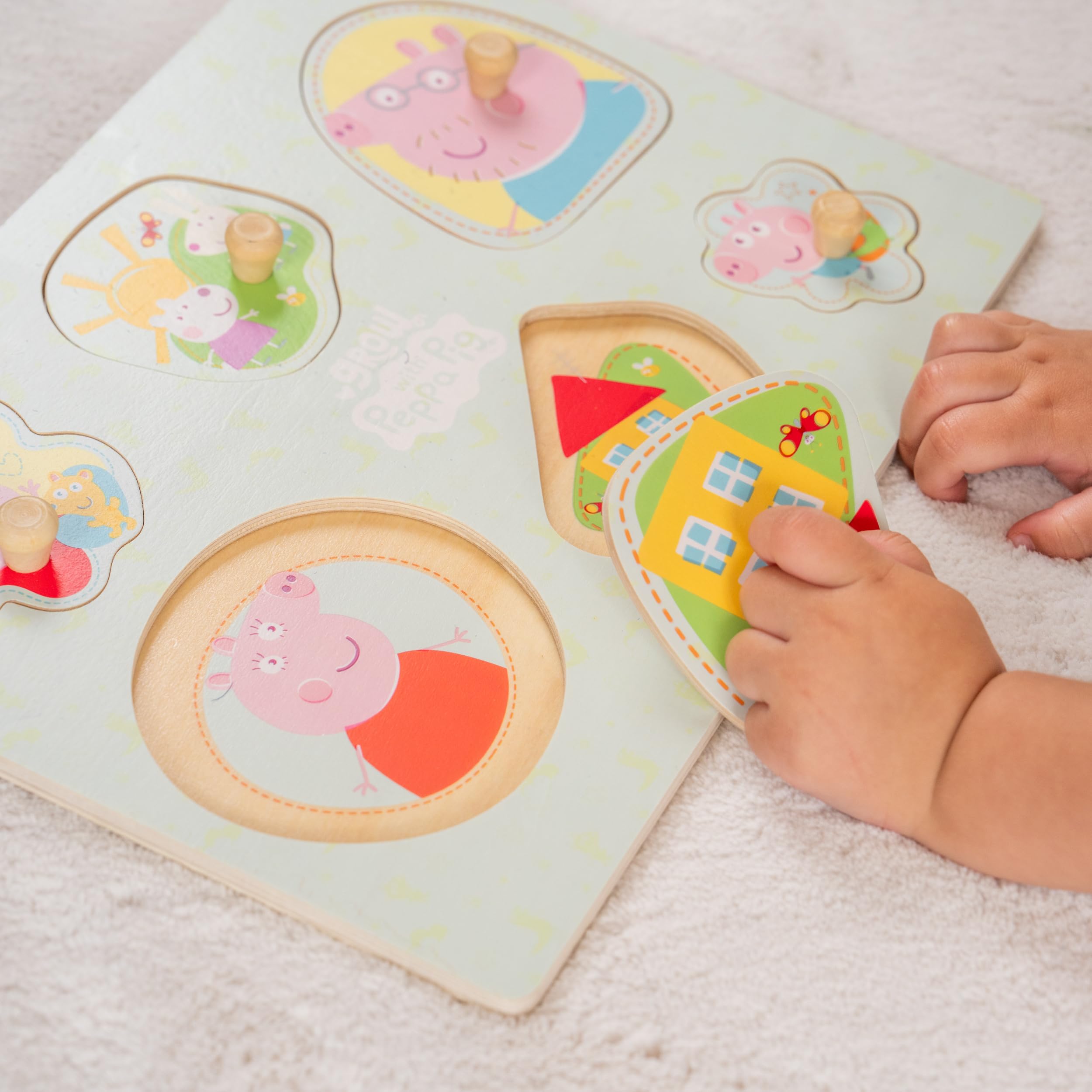 Peppa Pig Wooden Puzzle for Toddlers 12+ Months with Easy-Grip Handles | 6 Shapes 5
