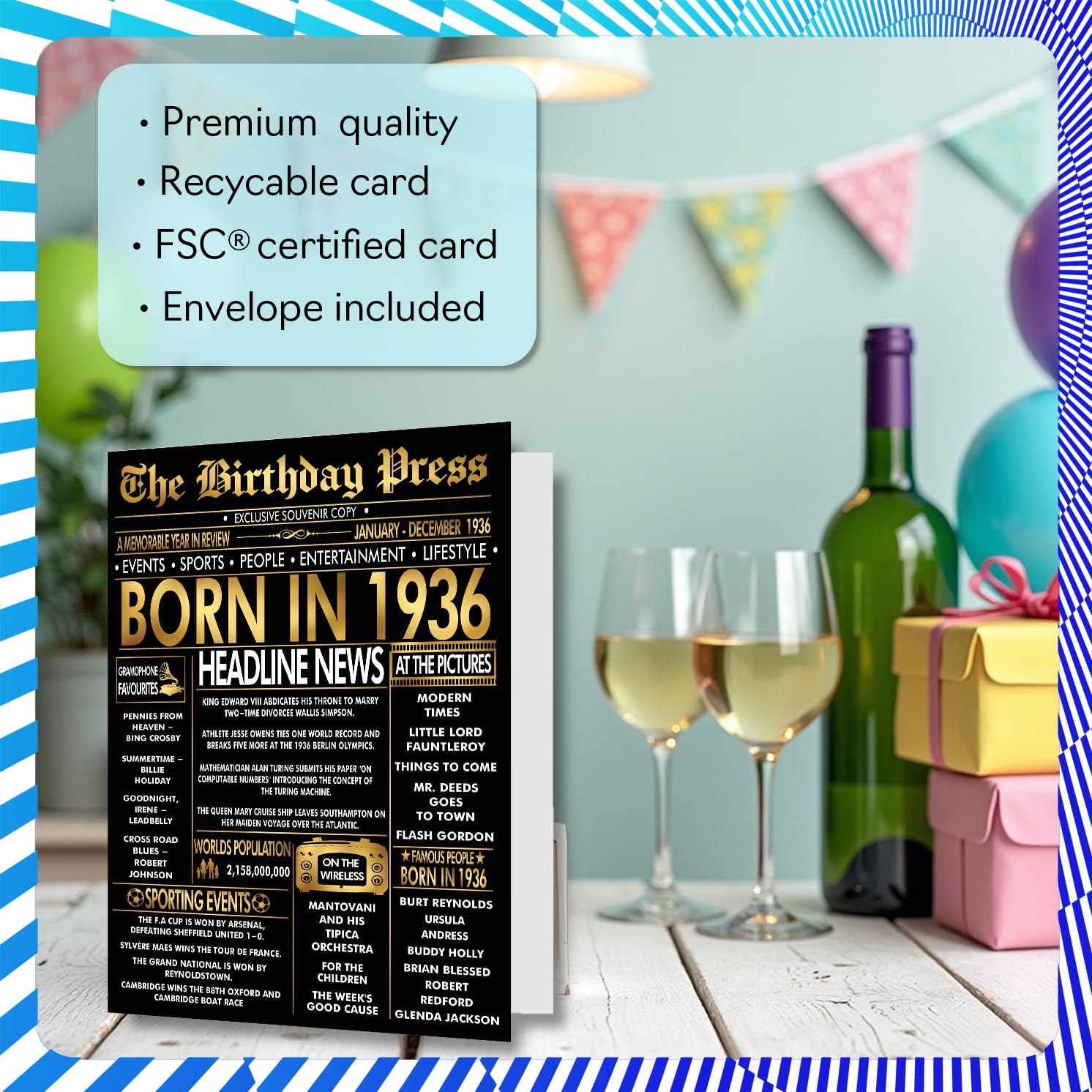 Stuff4 90th Birthday Card for Men & Women - Newspaper Design Born in 1936 | 5x7 Inch 3