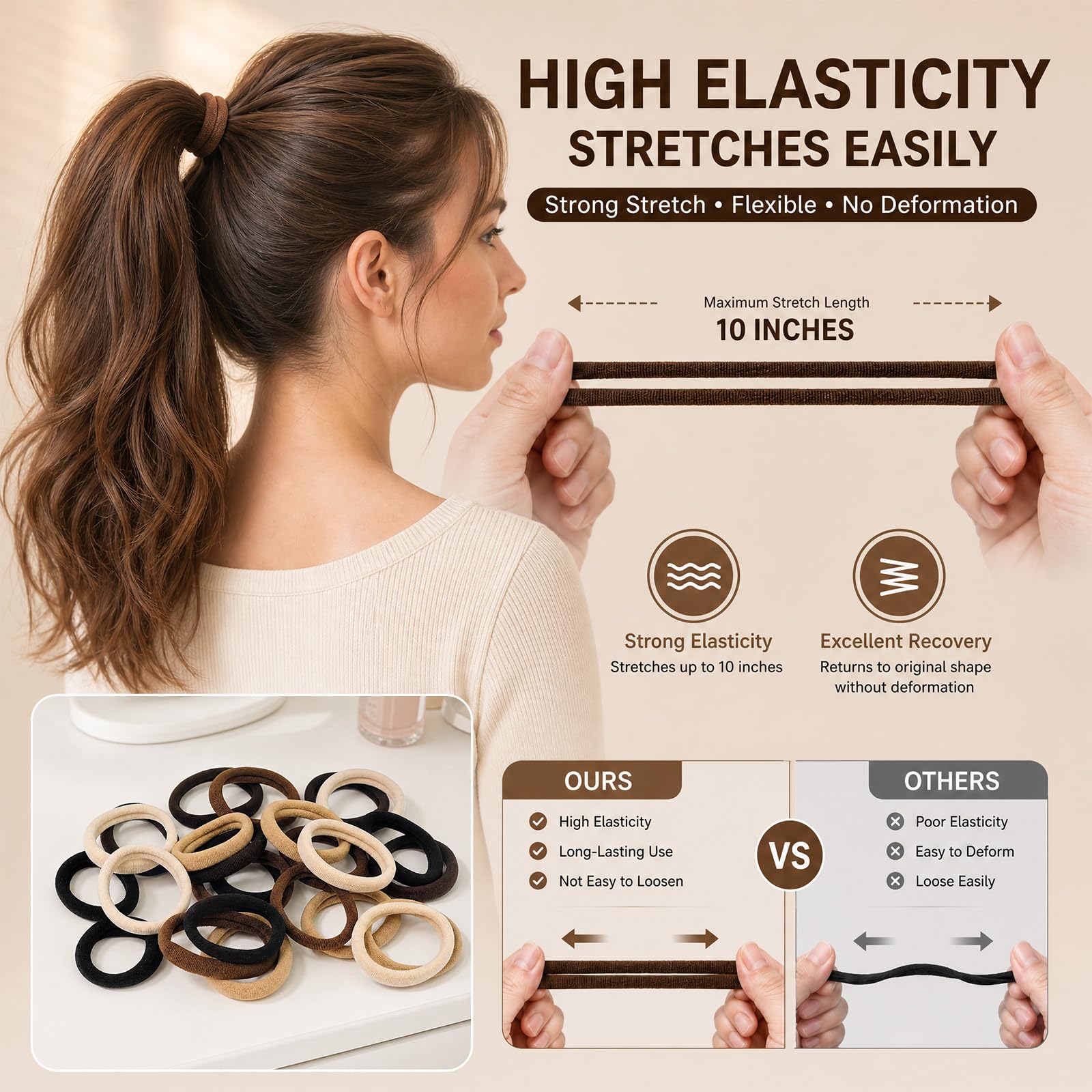 Admygo Elastic Hair Ties - 50 Pack Seamless Thick Hair Bands | High Elasticity Fabric 4
