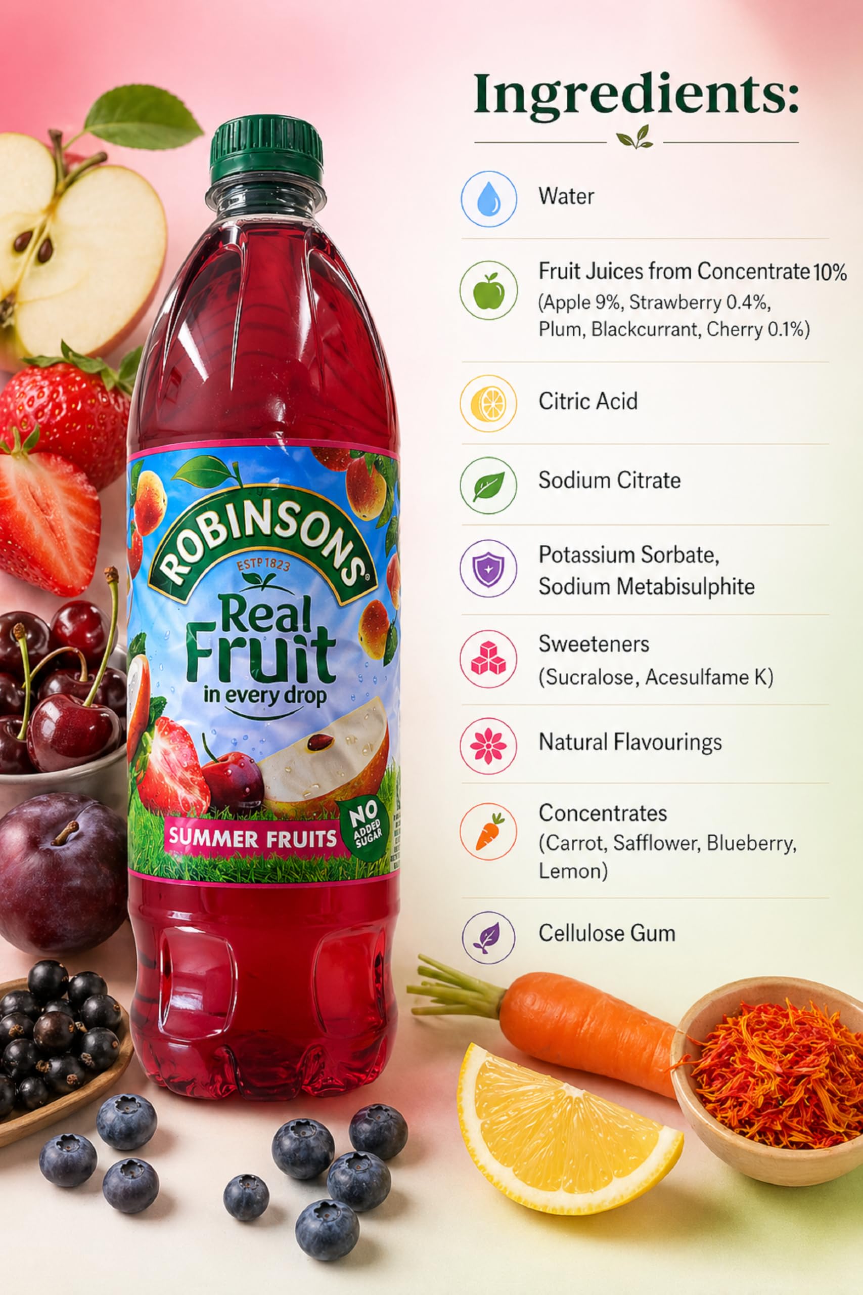 Robinsons Fruit and Barley Summer Fruits Concentrate | 1L | No Added Sugar 3