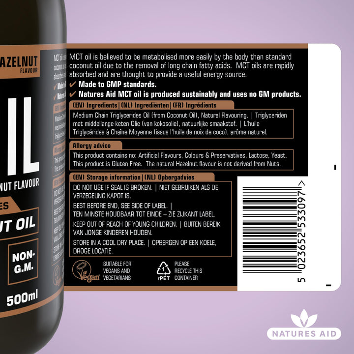 Natures Aid MCT Oil 500ml Hazelnut Flavour - Vegan, Sustainably Sourced from Coconut Oil for Coffee, Smoothies & Dressings