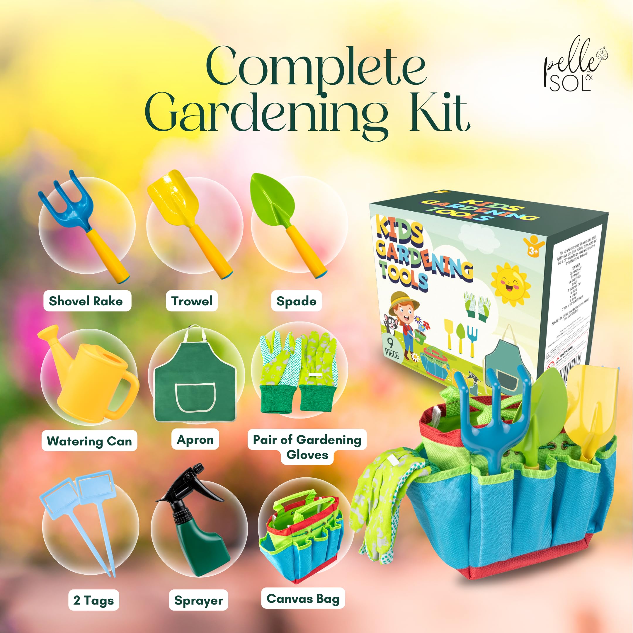 Pelle & Sol 10-Piece Kids Gardening Tool Set - Durable Metal & Plastic Tools for Ages 4+