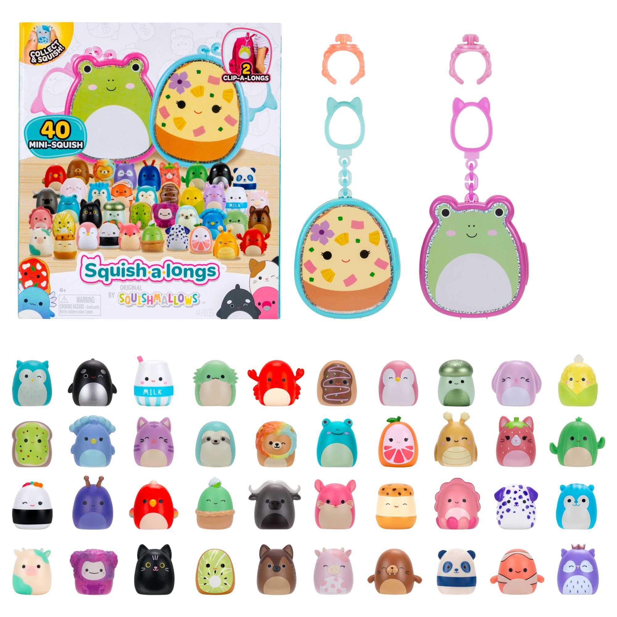 Squish-a-longs Mini-Squish Multipack with 2 Clip-a-longs and 40 Mini Figures – Saku the Hawaiian Pizza & Wendy the Frog Themed Carrying Cases 1