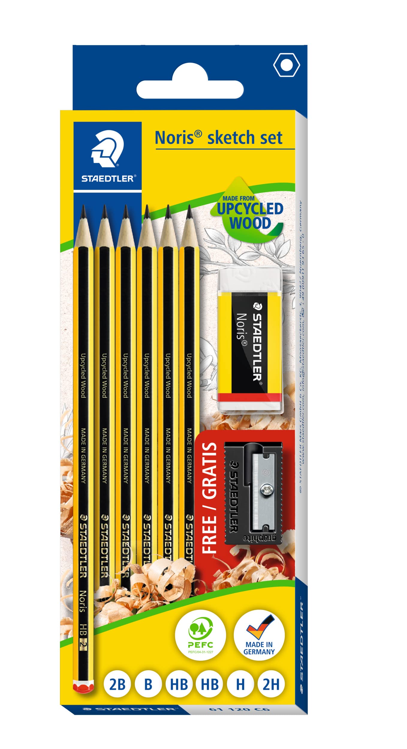 STAEDTLER Noris Drawing Pencils - Assorted Degrees (2B, B, HB, H, 2H) | Pack of 6 Pencils, Eraser & Sharpener 1