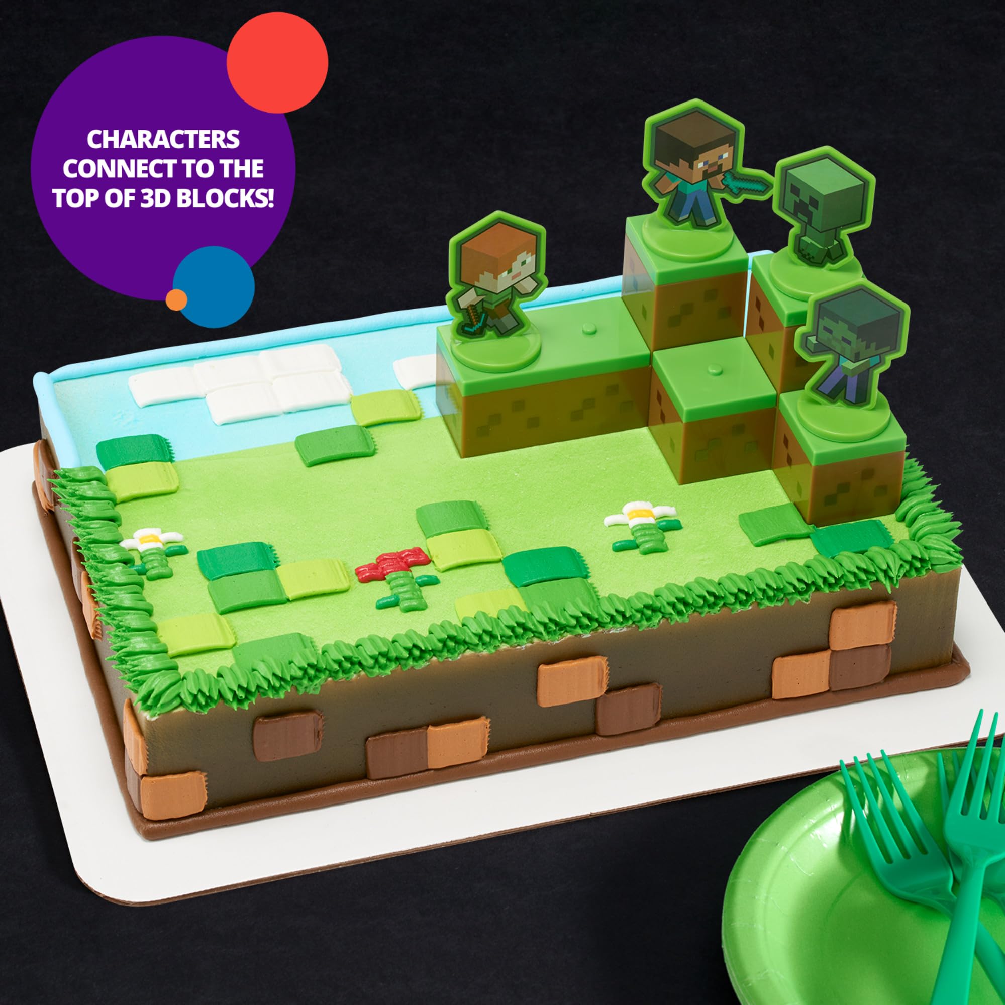 DecoPac Minecraft Mobs Beware Cake Topper Set - 6 Pieces, Stackable Blocks, Alex & Steve Figures 3