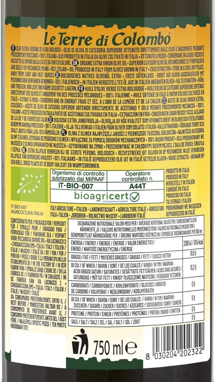 Le Terre di Colombo - 100% Italian Organic Extra Virgin Olive Oil 0.75L
