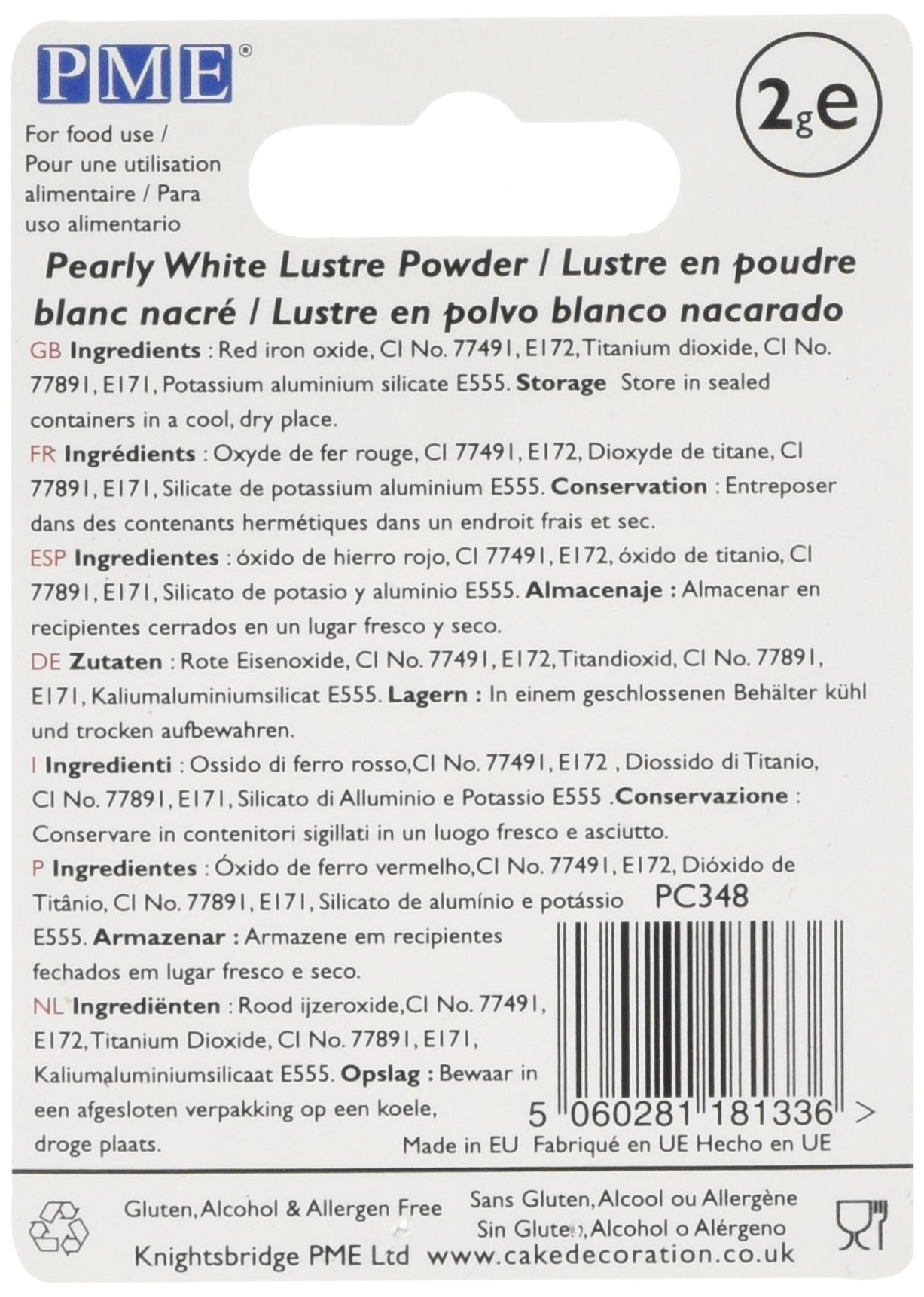 PME Edible Lustre Colour Pearly White Powder - 2g 2