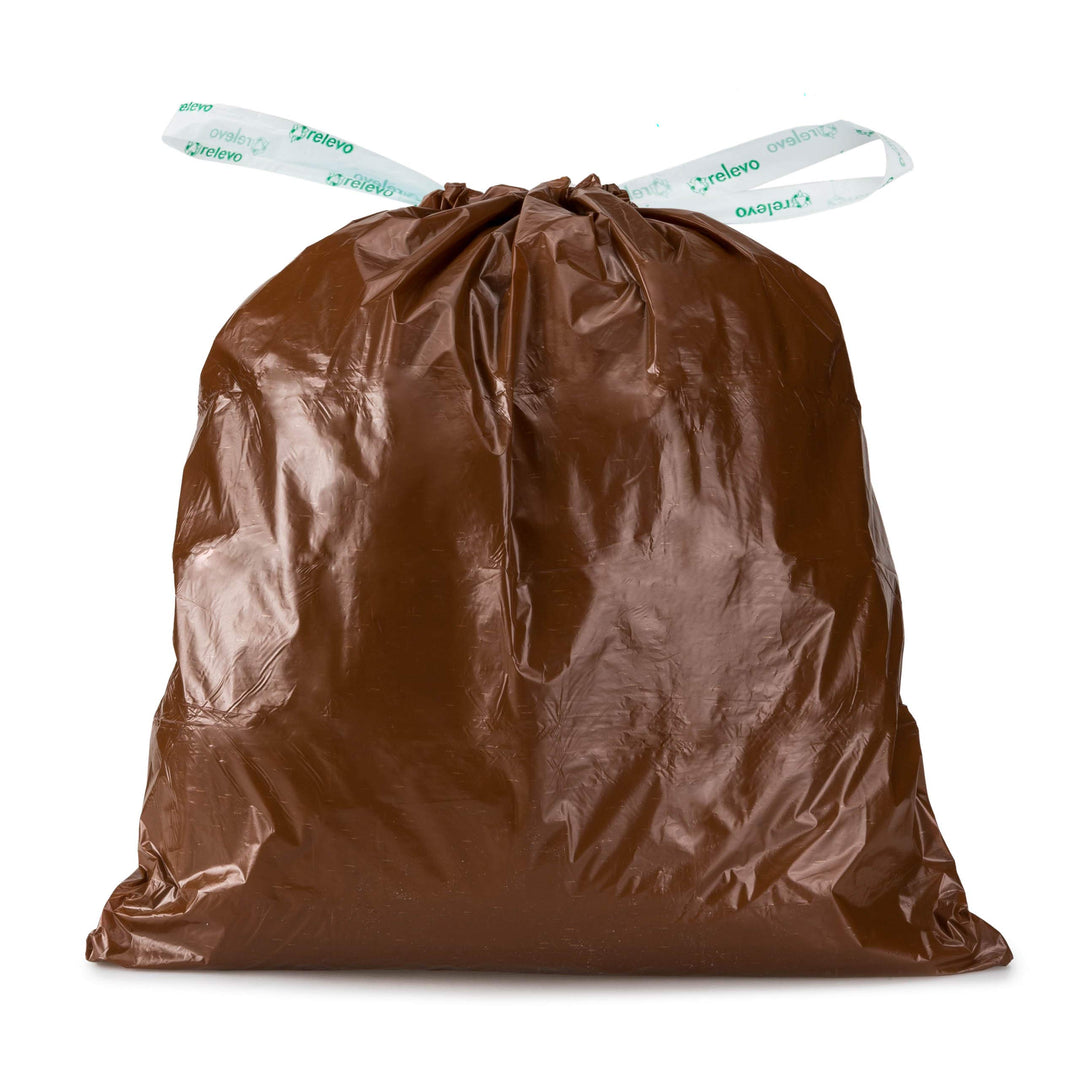 Relevo 20L Bin Bags – 100% Recycled Brown Food Waste Liners, 60 Pack, 30 µm Thick with Drawstring
