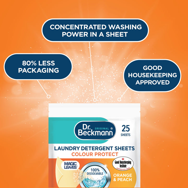 Dr. Beckmann Laundry Detergent Sheets - Colour Protect, Orange & Peach Fragrance, 115g (30 Sheets)