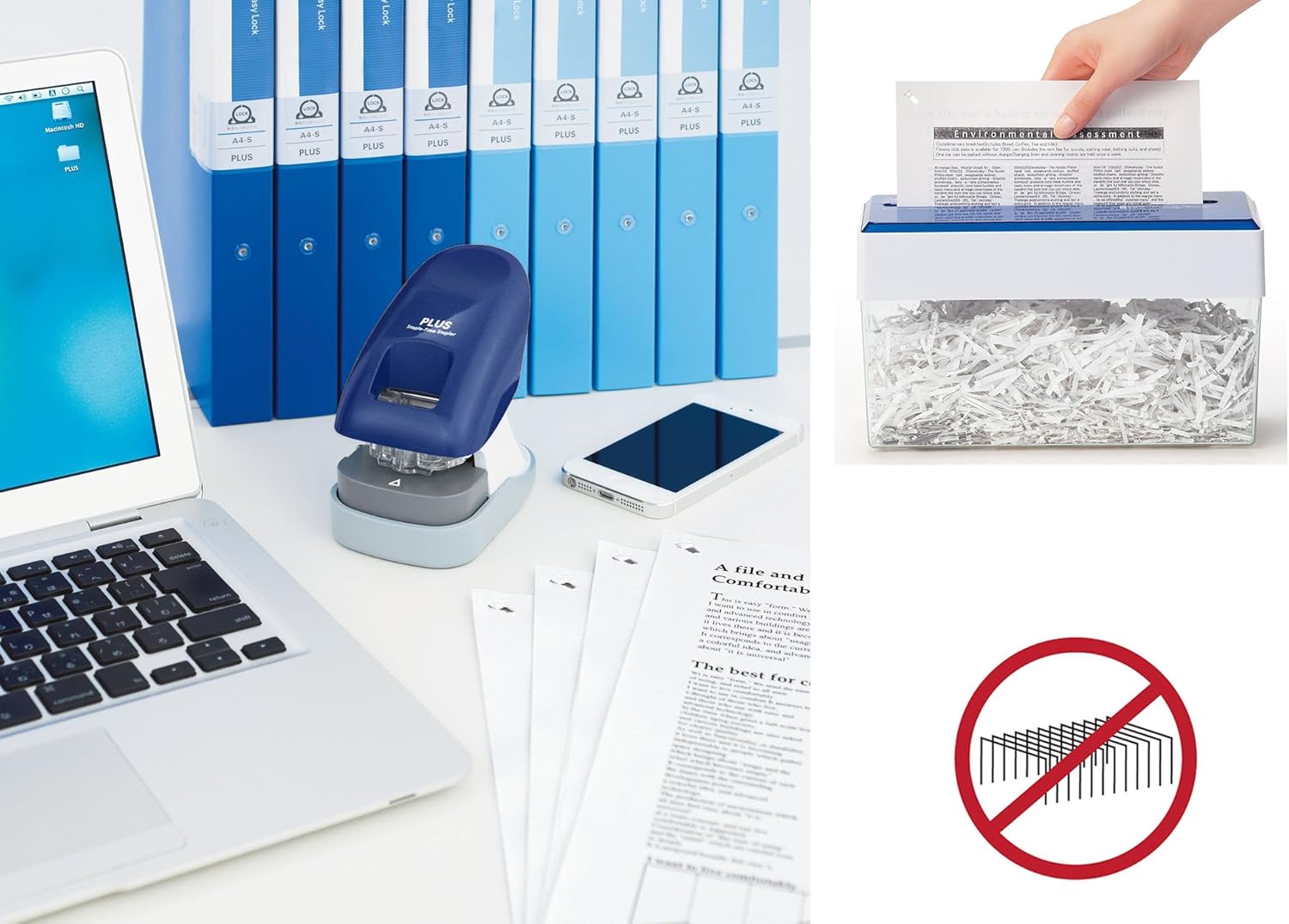 PLUS Japan, Staple-Free Stapler Desktop Model Blue, 10 sheet capacity, 1 piece pack (1 x 1 Stapler) 6