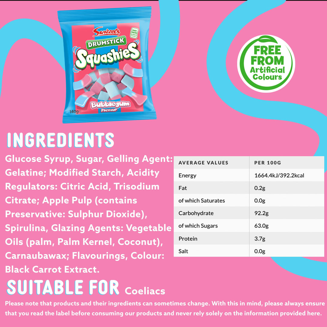 Swizzels Squashies Sweets - Bubblegum Flavour Chewy Candy - 140g
