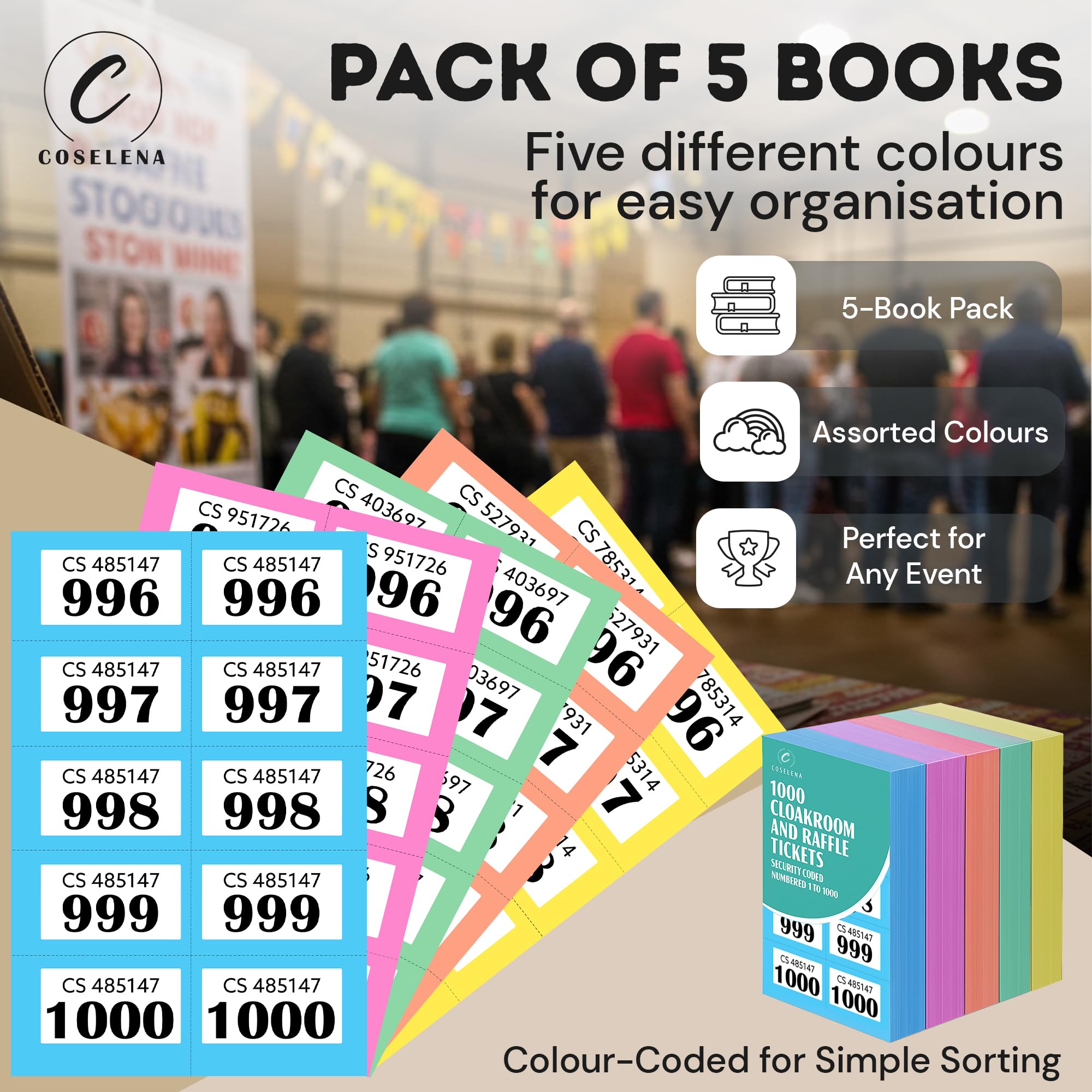 Coselena 5-Pack Numbered Raffle & Cloakroom Ticket Books | 1-1000 | Assorted Colors 3