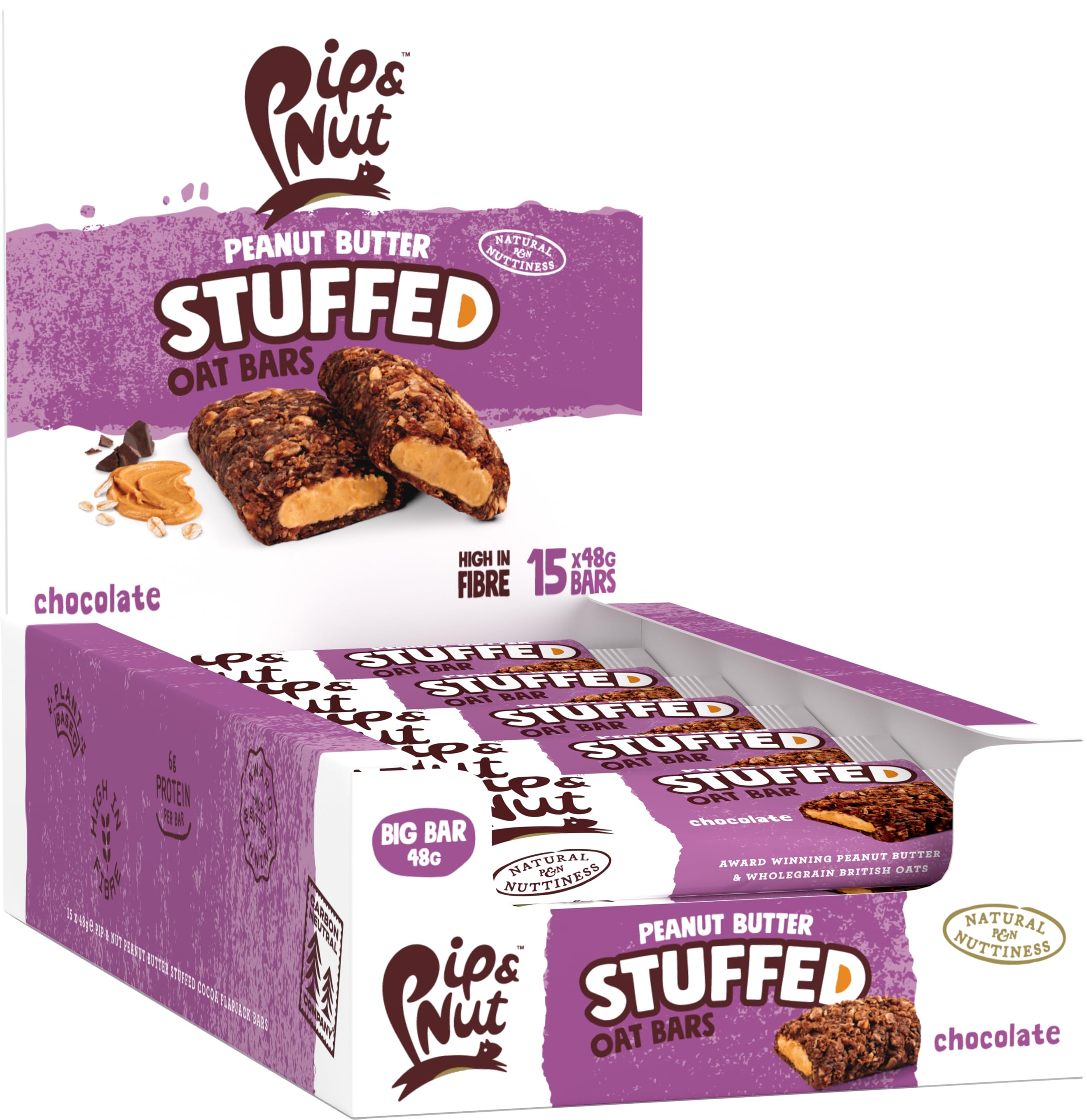Pip & Nut Peanut Butter Stuffed Oat Bar Chocolate - High Fibre, 6g Protein, No Palm Oil
