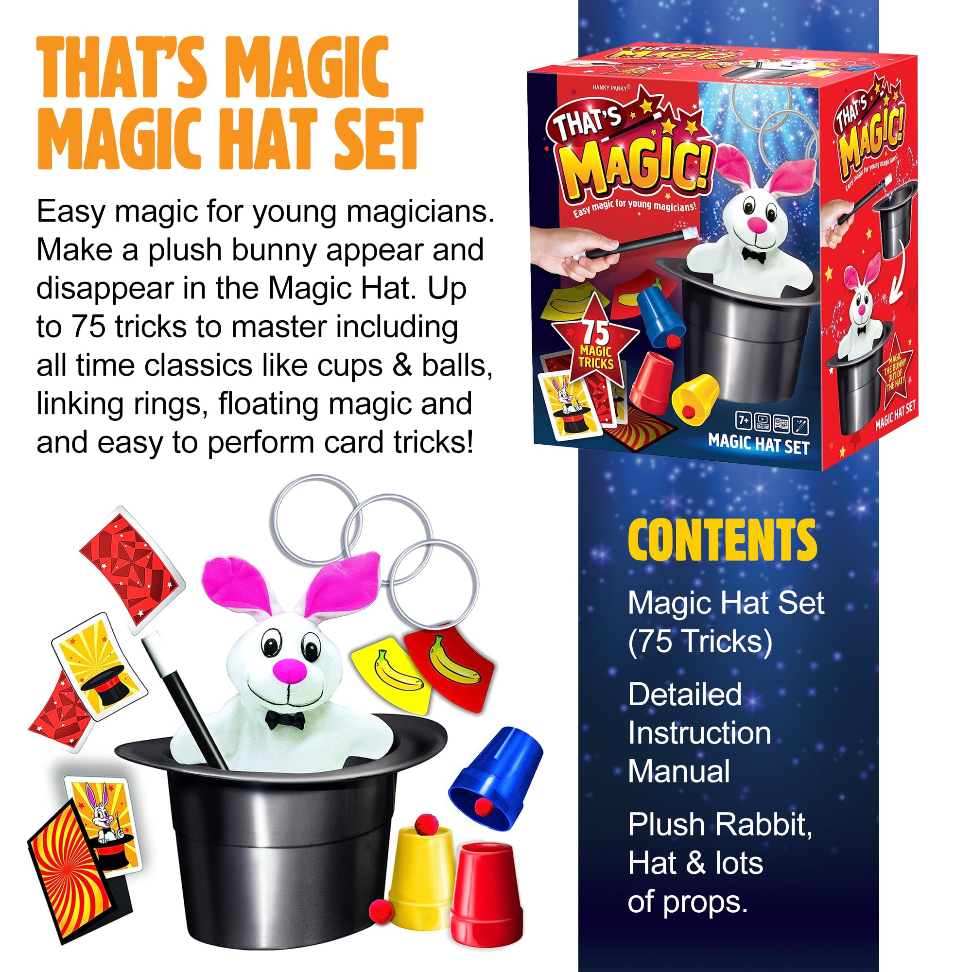 That's Magic Magic Hat Set with 75 Tricks, Rabbit, and Secret Compartment Hat for Kids 12