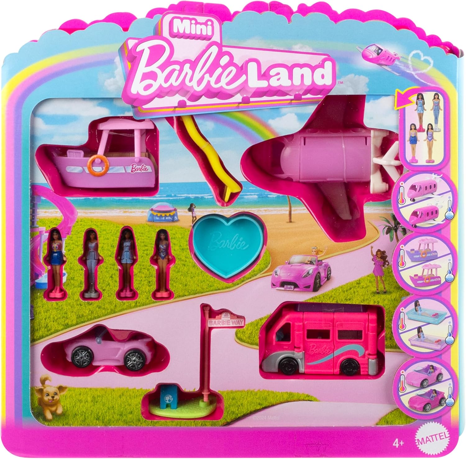 Mini BarbieLand 4-Pack Doll & Vehicle Playset - Color-Change Vehicles with 1.5-inch Dolls for Ages 4+ 1