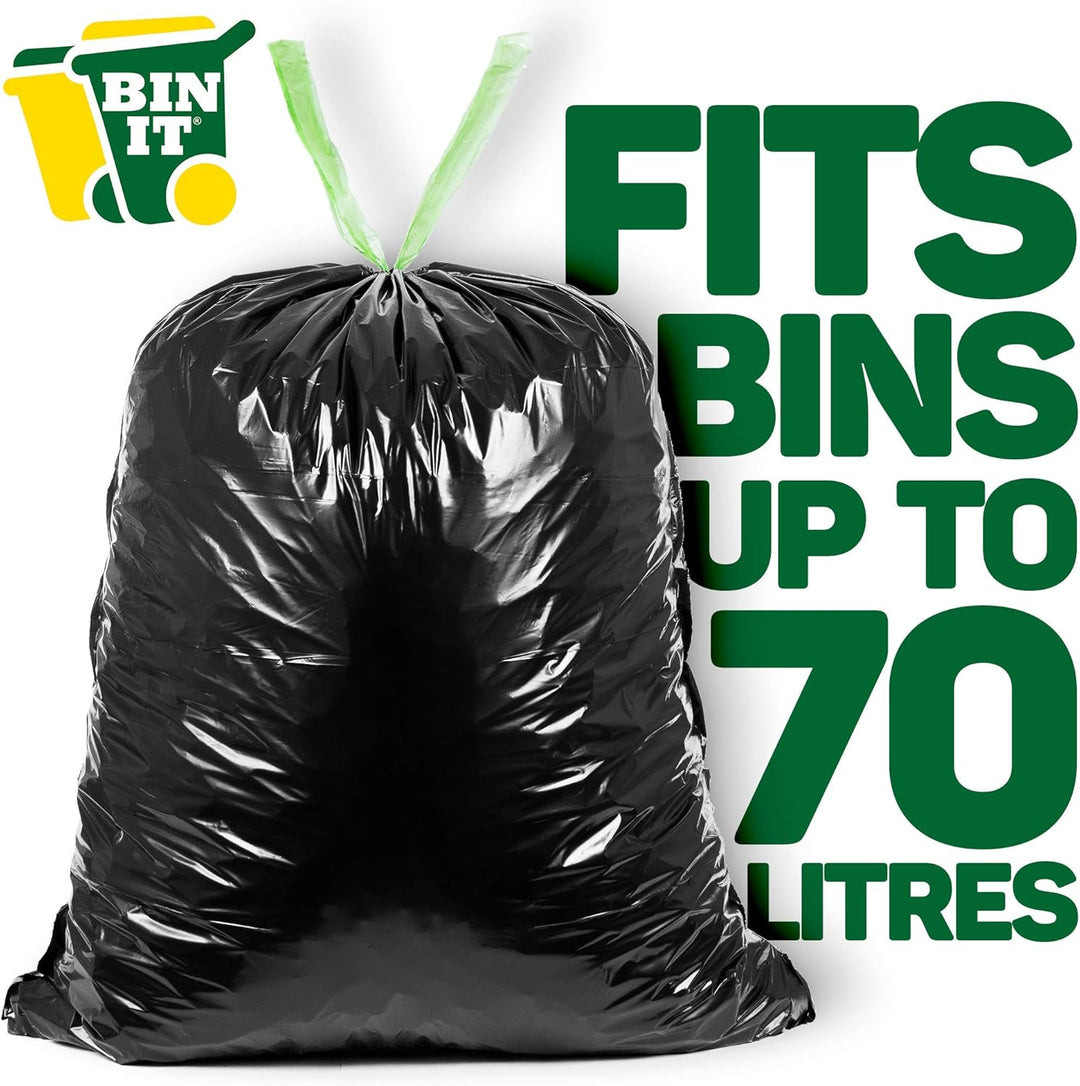 BIN IT 40 Drawstring Bin Liners 70L - Recycled Strong Refuse Sacks for Household & Office