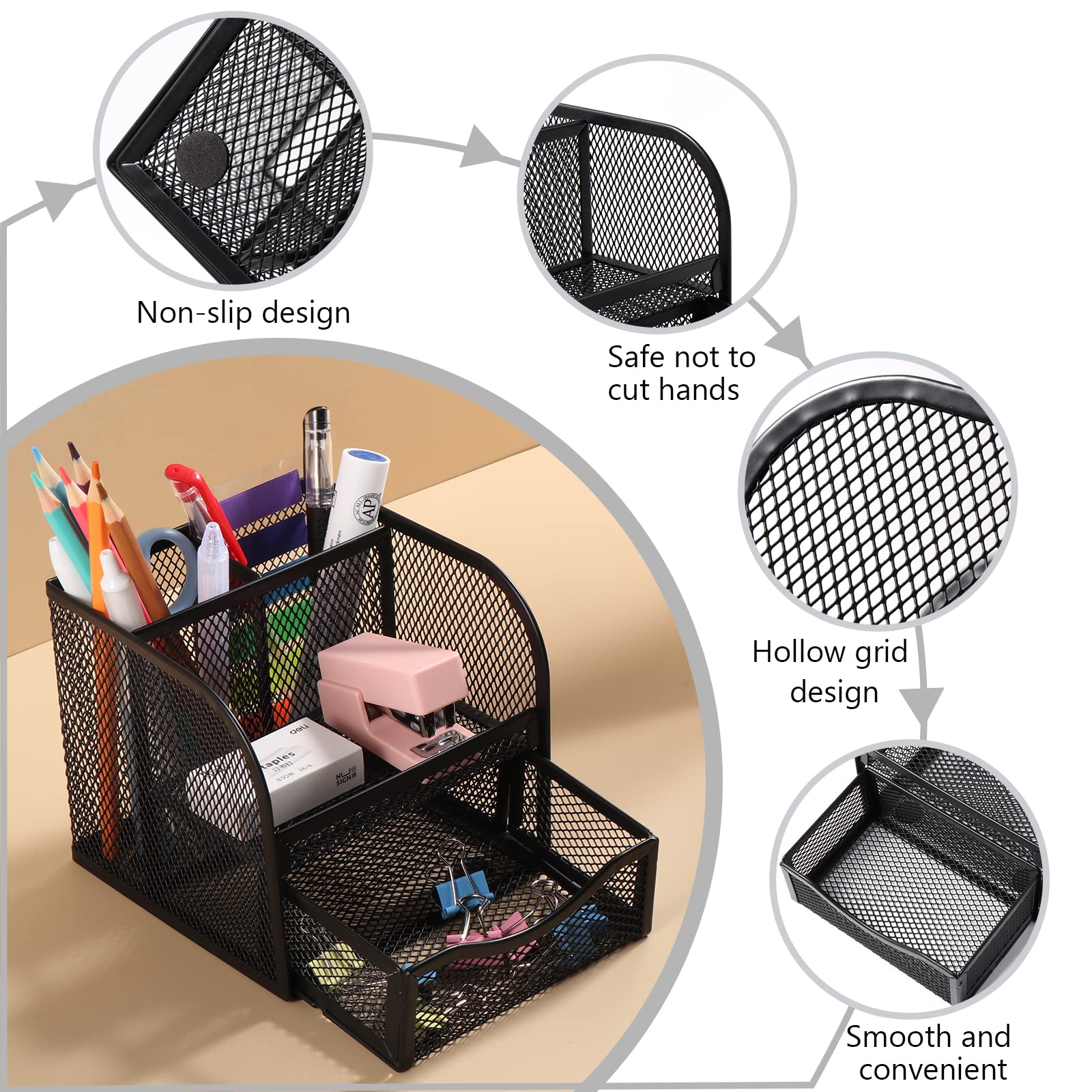 Vinabo Metal Mesh Desk Organiser - 4 Compartments | Tabletop Mount | Space Saving 4