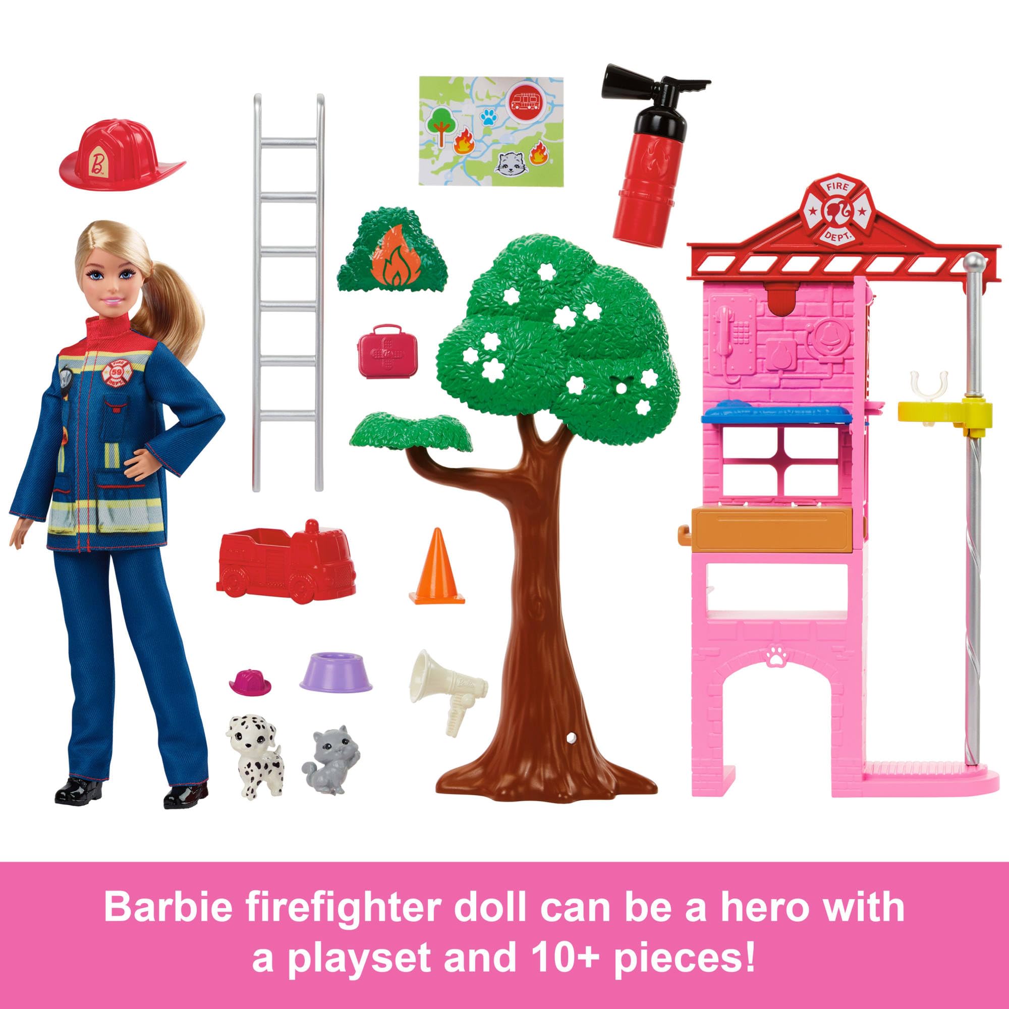 Barbie Careers Firefighter Doll & Playset with Fire Station, Tree, 2 Pets, 16-Piece Set for Kids 3+ 9