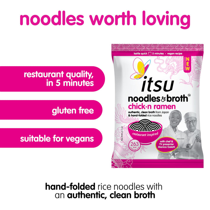 Itsu Chickn Noodles & Broth Pouch 82g - Pack of 6 | Gluten Free Vegan Instant Noodles