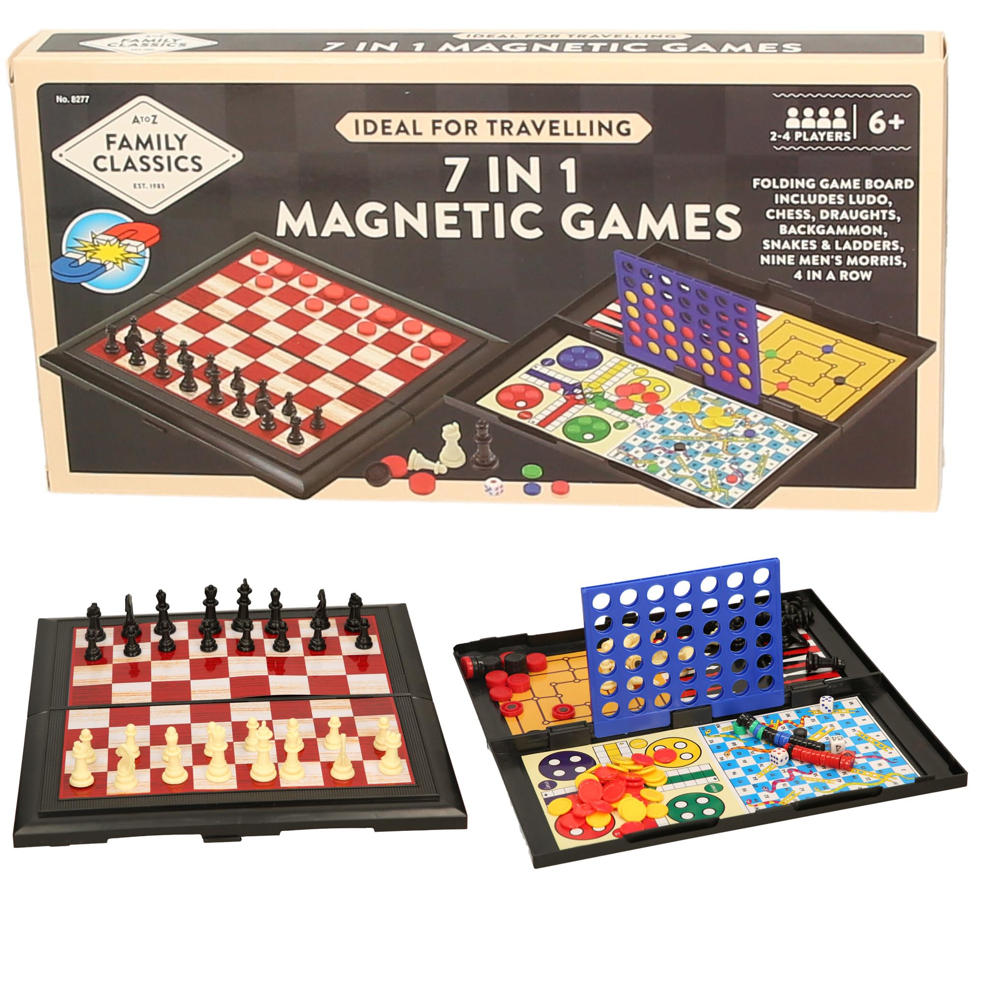 Atoz 7-in-1 Magnetic Travel Board Games Set - Chess, Draughts, Ludo, Snakes & Ladders, Backgammon, Nine Men's Morris, 4-in-a-Row | 2-4 Players | Ages 6+ 1