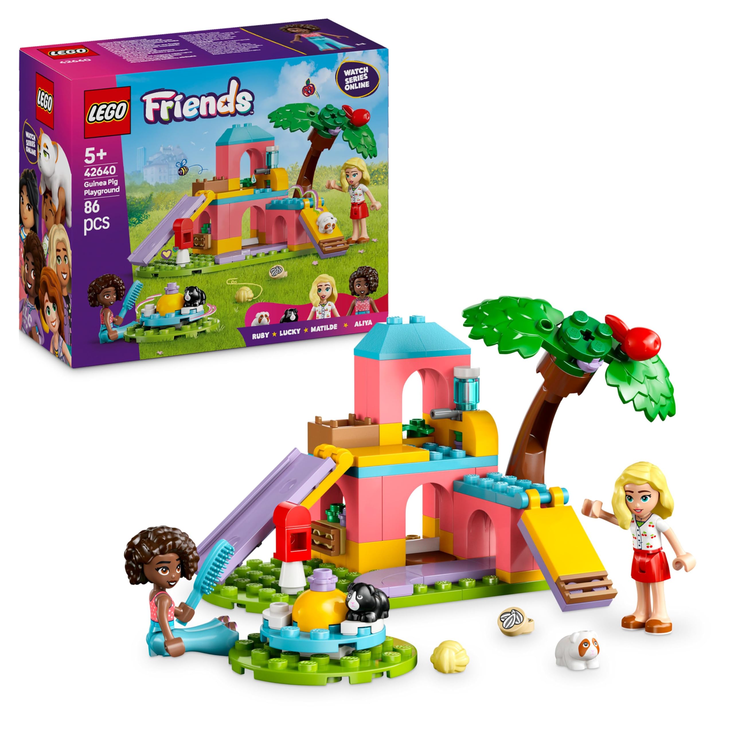 LEGO Friends Meerschweinchen-Spielplatzspielzeug – 2 Mini-Puppen, 2 Meerschweinchenfiguren, 86-teiliges Bauset für Kinder ab 5 Jahren