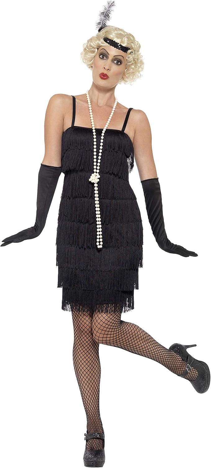 Smiffys 1920s Flapper Girl Costume - Short Dress, Headband & Gloves, Black, UK Size 08-10 1
