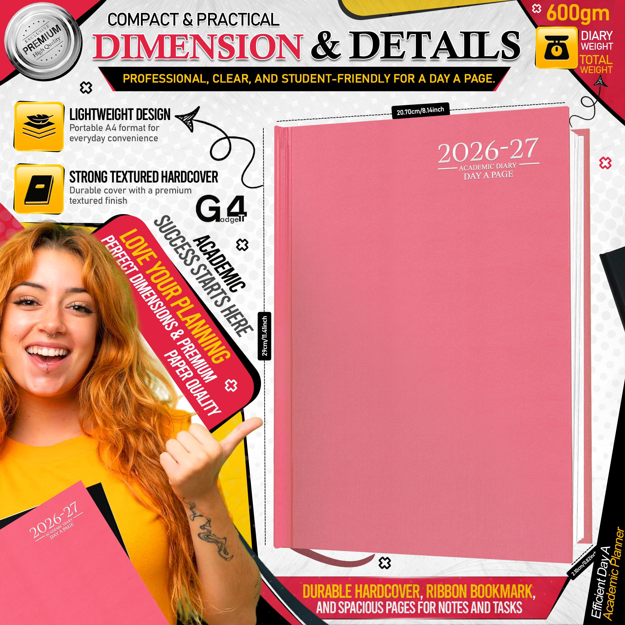 G4GADGET 2026-2027 Academic Diary - A4 Day A Page, Pink Hardback 2