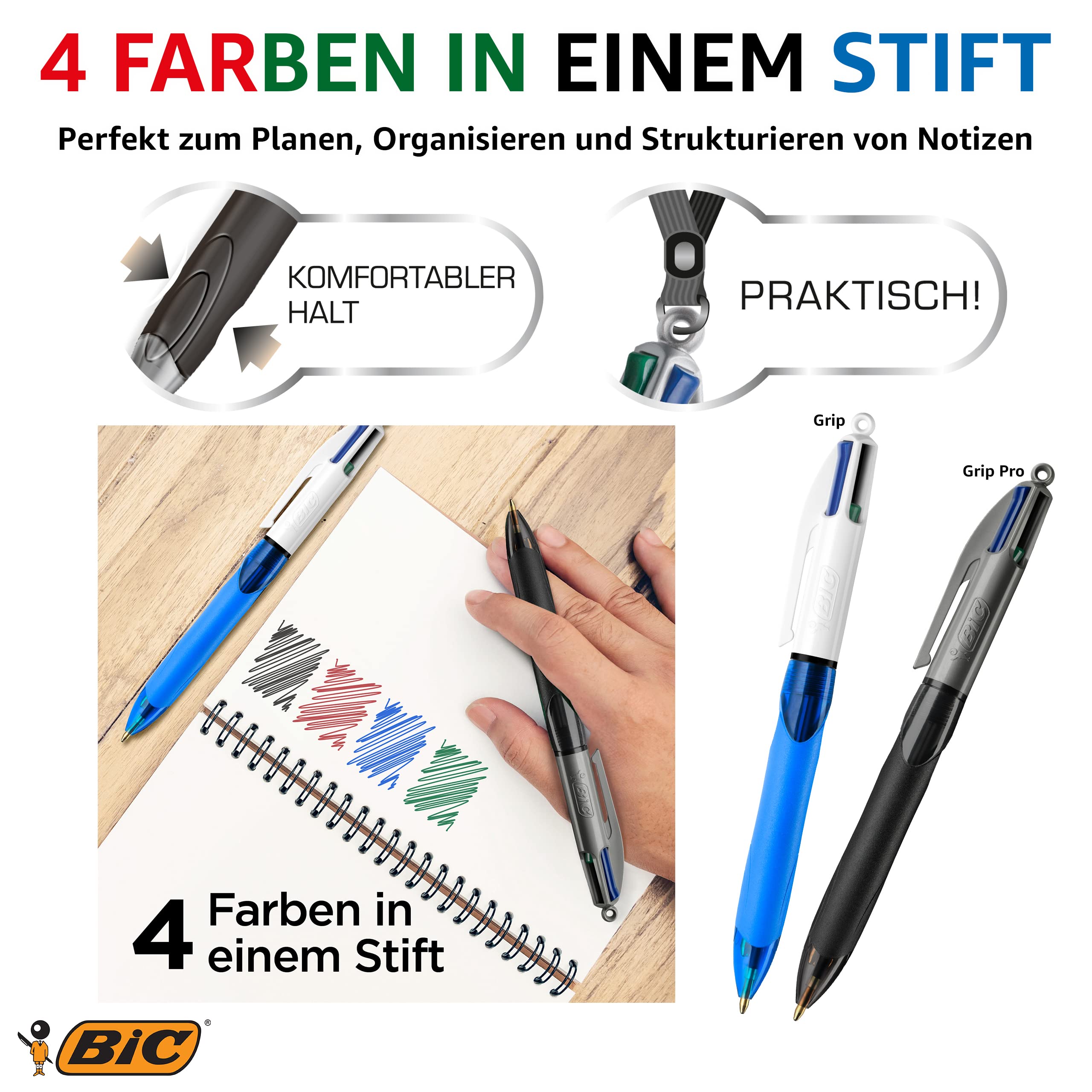BIC 4 Colours Grip Pro Retractable Ballpoint Pens - Box of 12 - Medium 1.0mm Point - Blue, Black, Red, Green 5