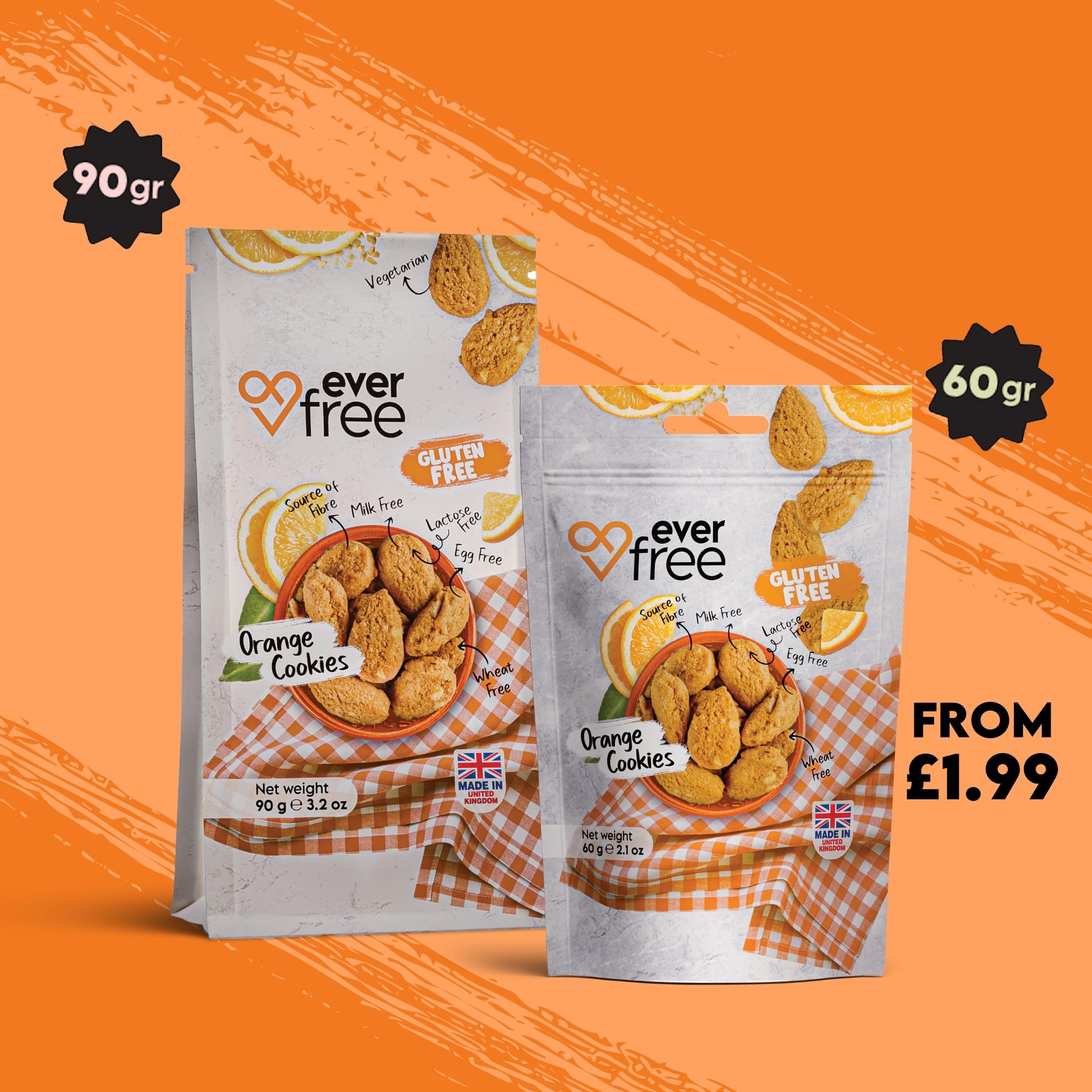 EverFree Gluten-Free Orange Cookies - Vegan, High Fibre, 90g Pack 3