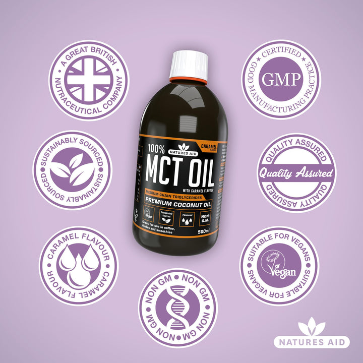 Natures Aid MCT Oil 500ml Caramel Flavour – Coconut-Derived Oil for Coffee, Shakes & Smoothies