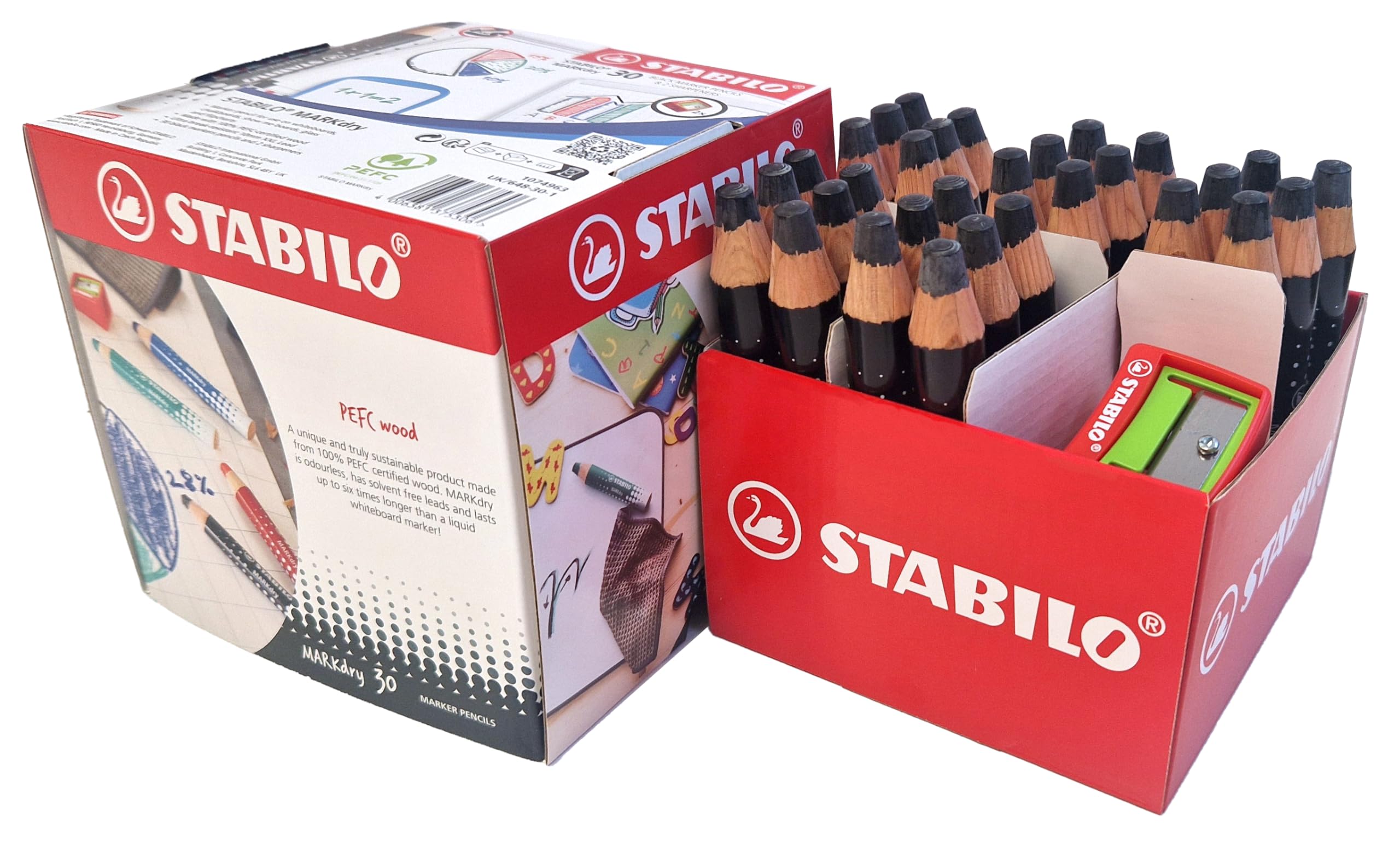 STABILO MARKdry Whiteboard & Flipchart Marker Pencil - 30 Count Classpack | PEFC-Certified Wood