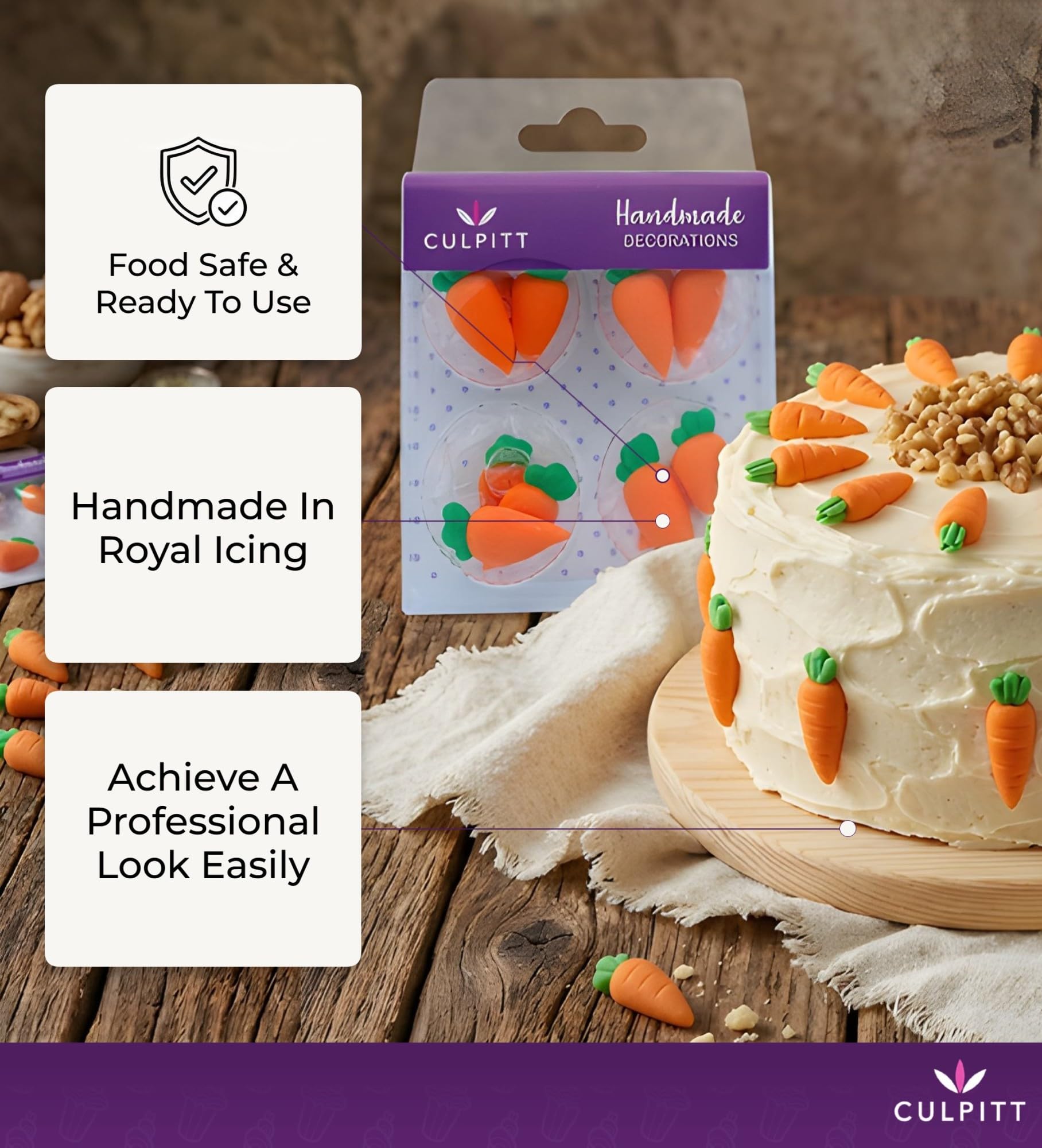 Culpitt Carrot Sugar Pipings - 12 Pack Edible Cake Decorations | Royal Icing | Vegetarian & Coeliac Safe