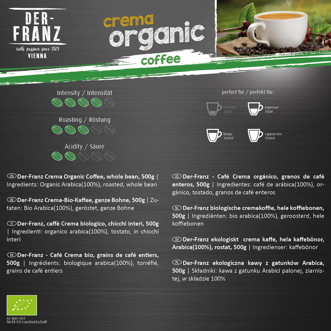 Der-Franz Crema Organic Coffee, Whole Bean, 3 x 500 g