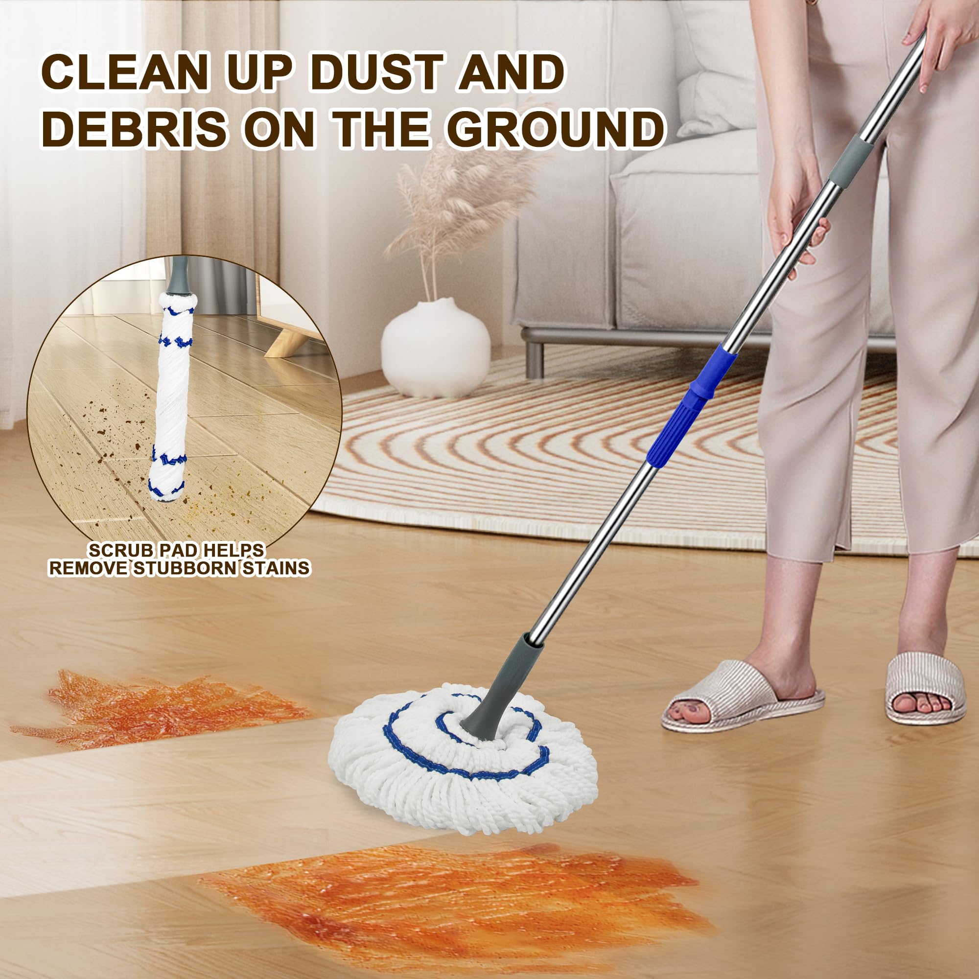 kickleen Self Wringing Flat Mop - 52.5 Inch Handle, Washable Microfiber Head, Heavy Duty Floor Cleaner 5